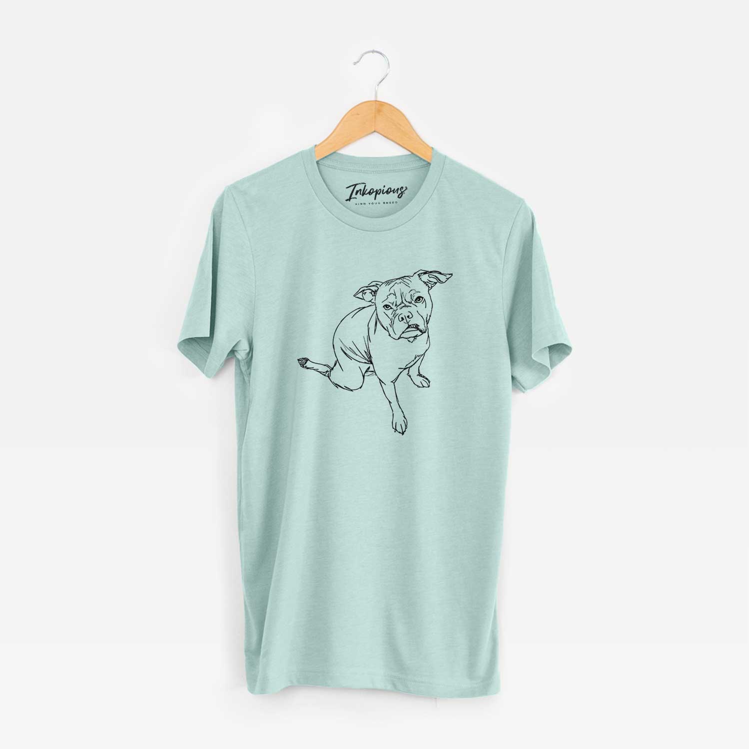 Full-body line drawing of Gus the French Bulldog Staffy Mix on a Heather Sage Unisex crewneck