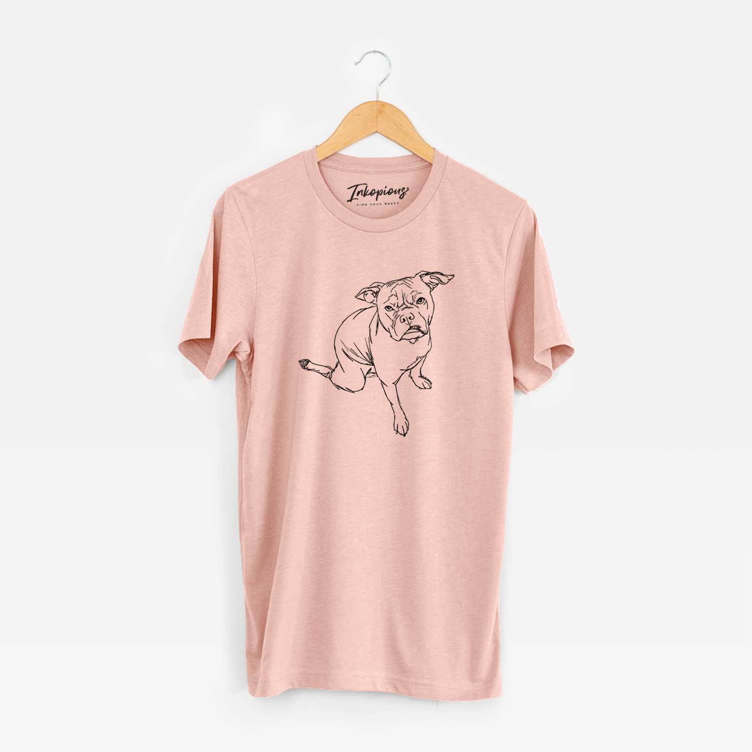 Full-body line drawing of Gus the French Bulldog Staffy Mix on a Peach Unisex crewneck
