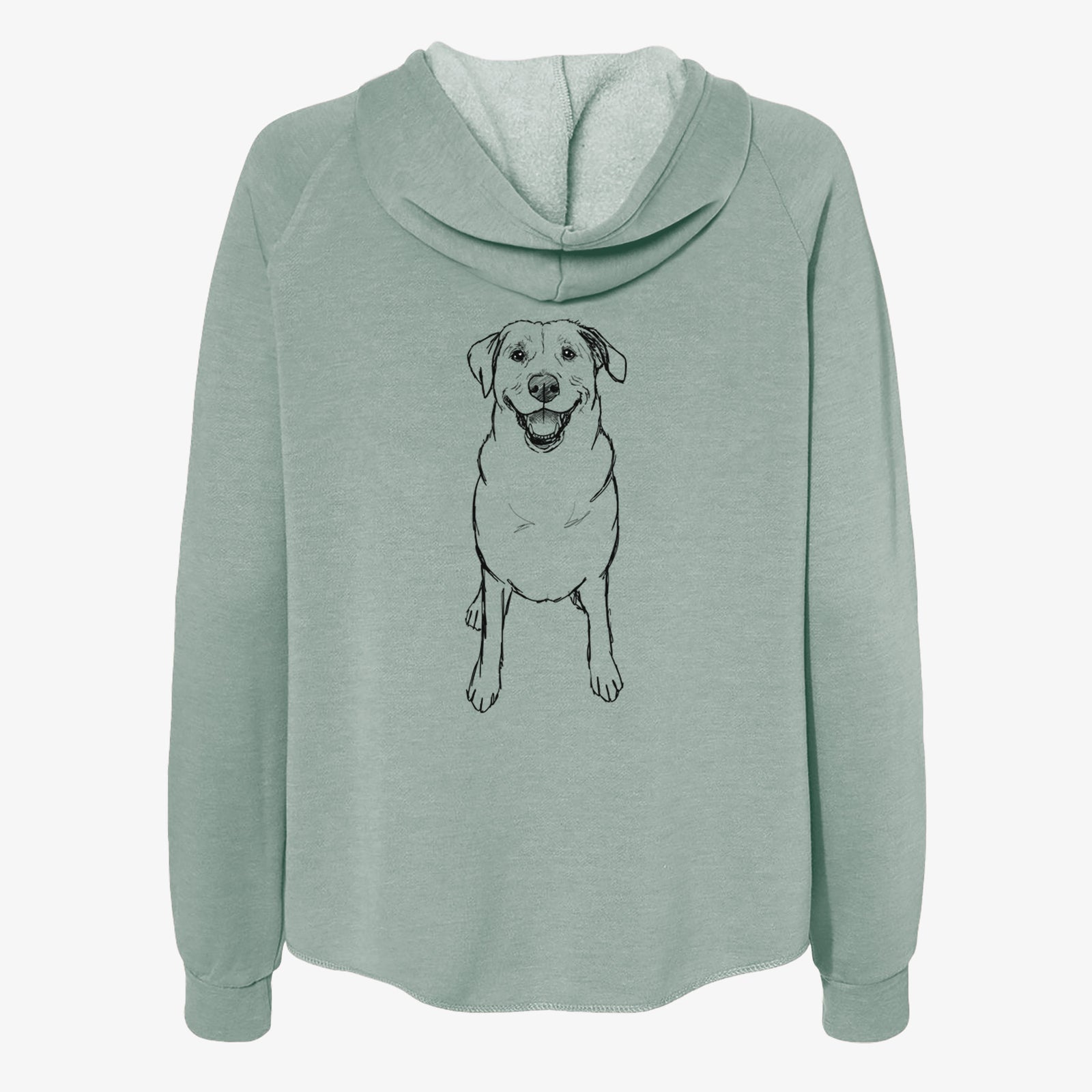 Full-body line drawing of Harley the Goldador on a Sage Women's cali wave zip-up sweatshirt