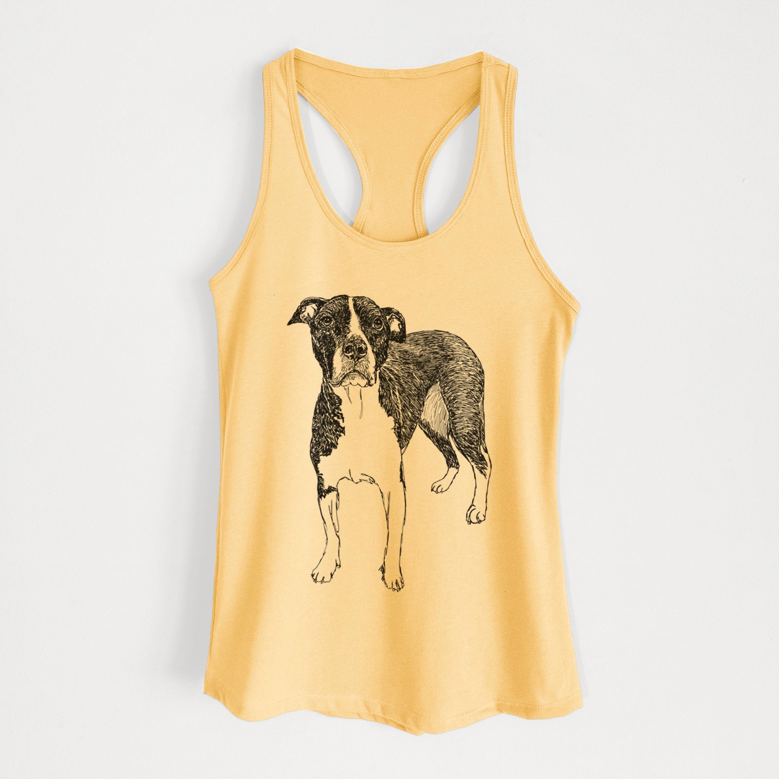 Full-body line drawing of Harley Quinn the American Staffordshire Terrier on a Banana Cream Women's racerback tanktop