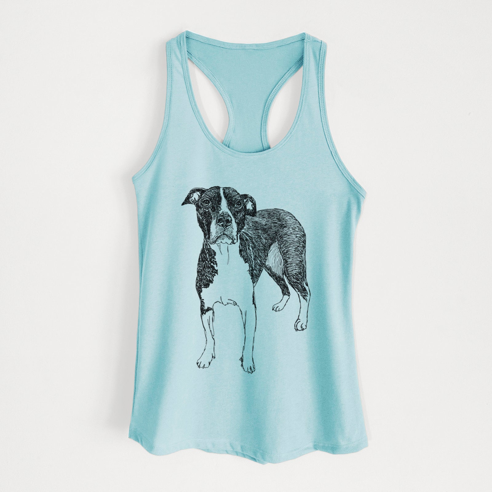 Full-body line drawing of Harley Quinn the American Staffordshire Terrier on a Cancun Blue Women's racerback tanktop