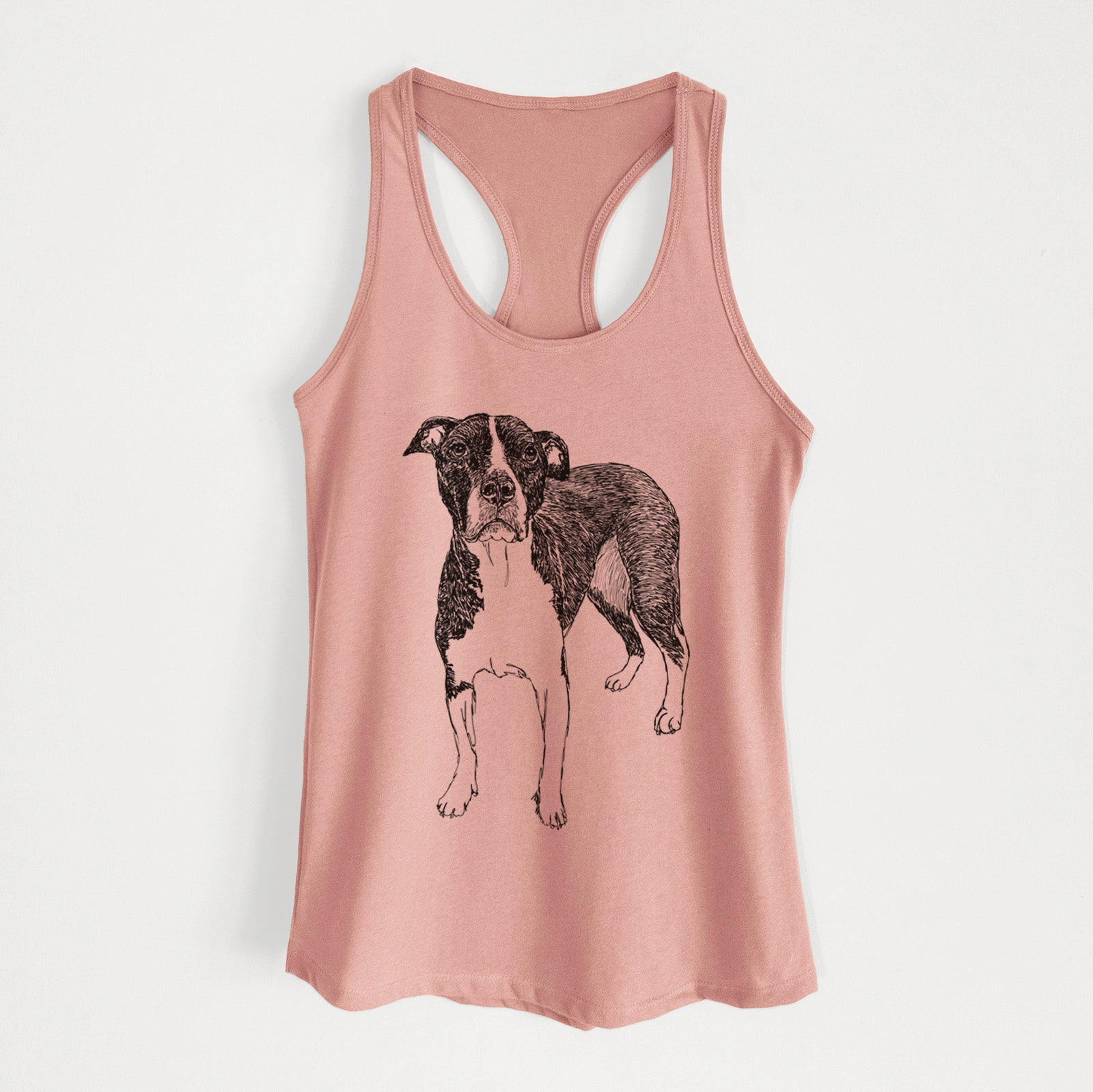 Full-body line drawing of Harley Quinn the American Staffordshire Terrier on a Desert Pink Women's racerback tanktop