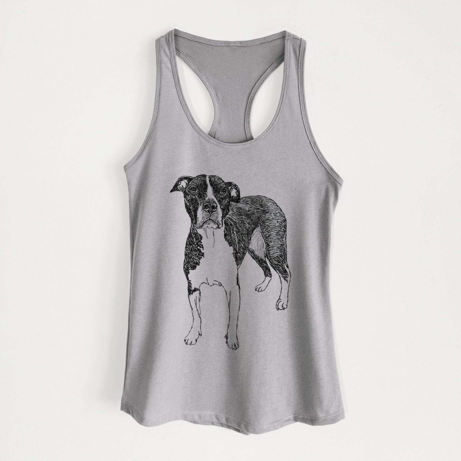 Full-body line drawing of Harley Quinn the American Staffordshire Terrier on a Heather Grey Women's racerback tanktop