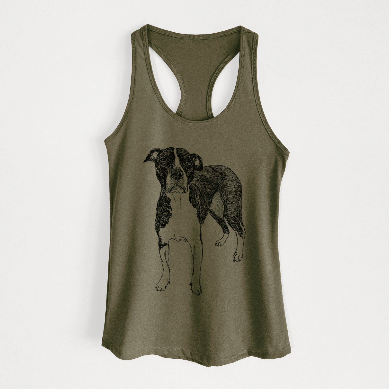 Full-body line drawing of Harley Quinn the American Staffordshire Terrier on a Military Green Women's racerback tanktop