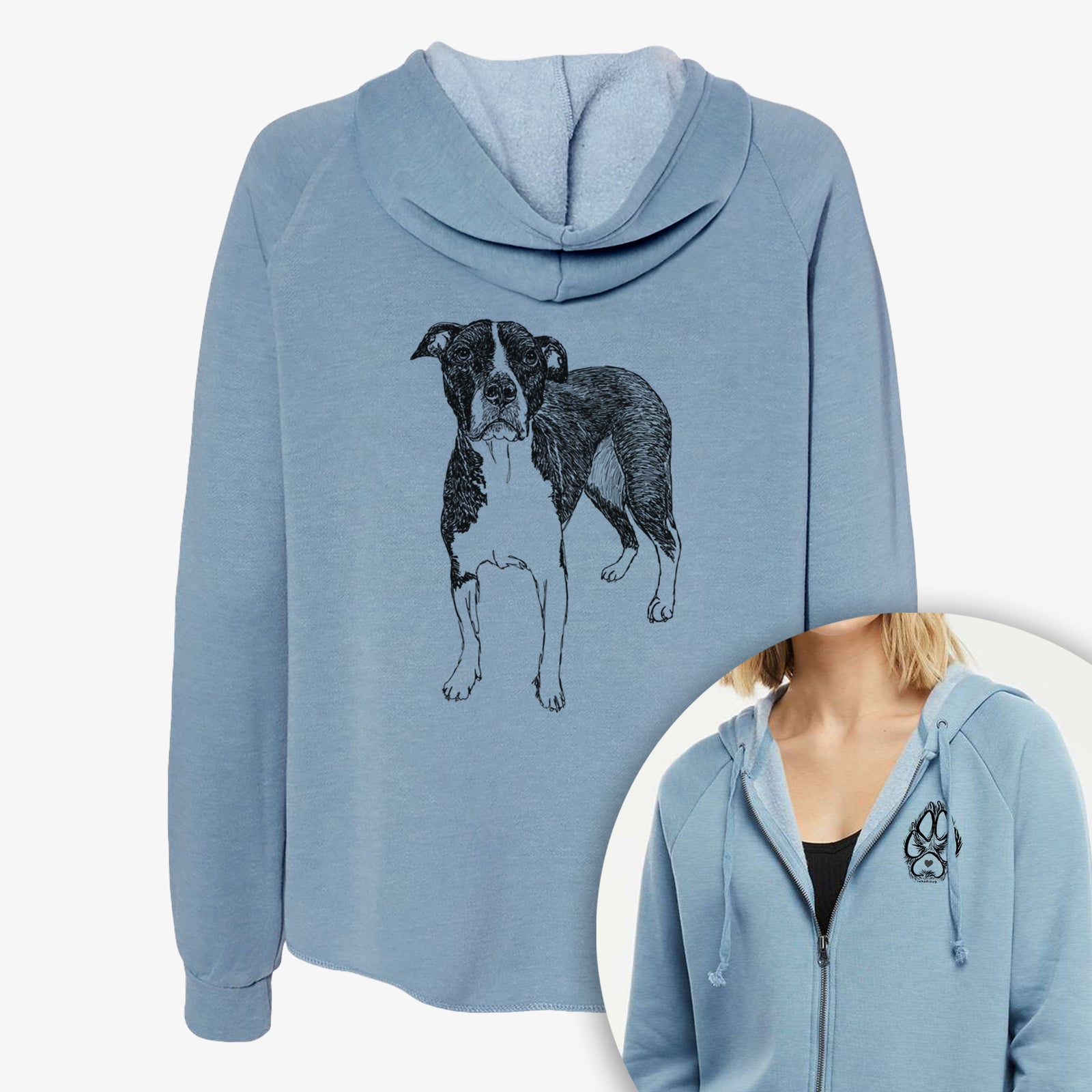 Full-body line drawing of Harley Quinn the American Staffordshire Terrier on a Women's cali wave zip-up sweatshirt, shown with icons of the other available costume styles