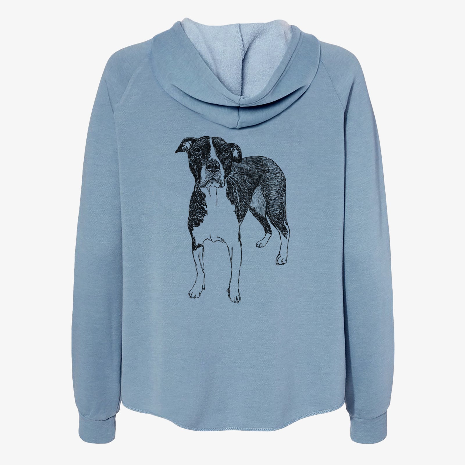 Full-body line drawing of Harley Quinn the American Staffordshire Terrier on a Misty Blue Women's cali wave zip-up sweatshirt