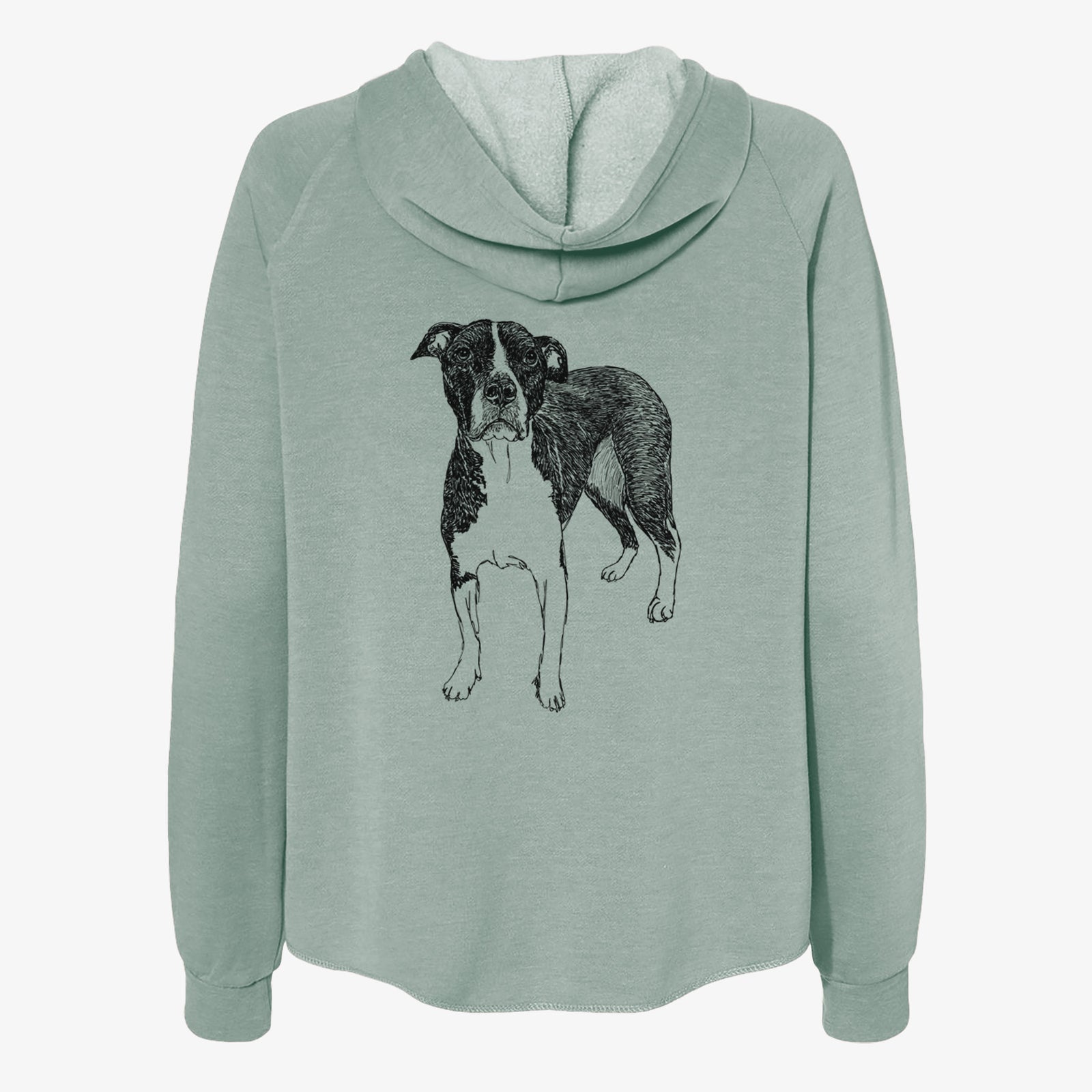 Full-body line drawing of Harley Quinn the American Staffordshire Terrier on a Sage Women's cali wave zip-up sweatshirt