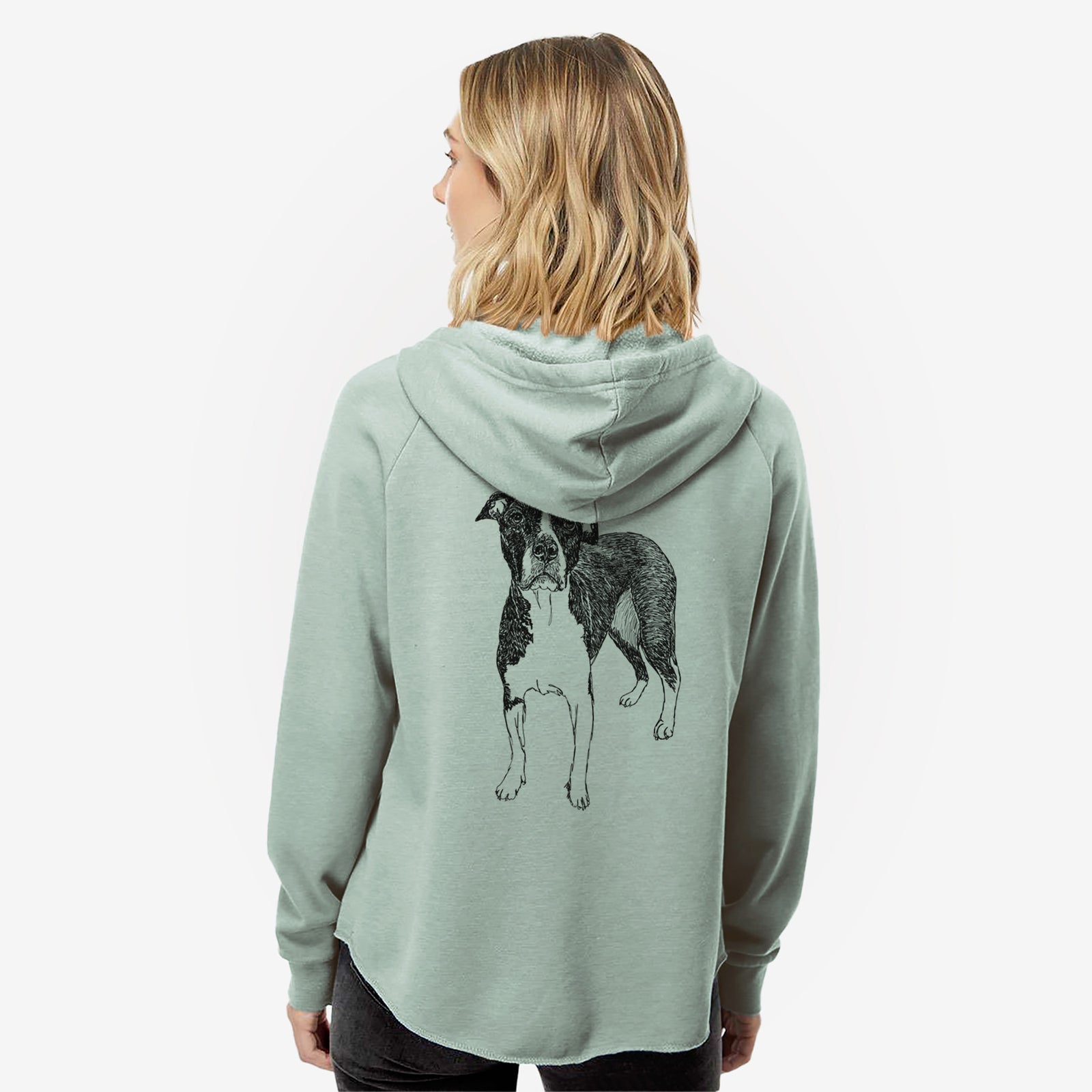 Full-body line drawing of Harley Quinn the American Staffordshire Terrier on a Sage Women's cali wave zip-up sweatshirt