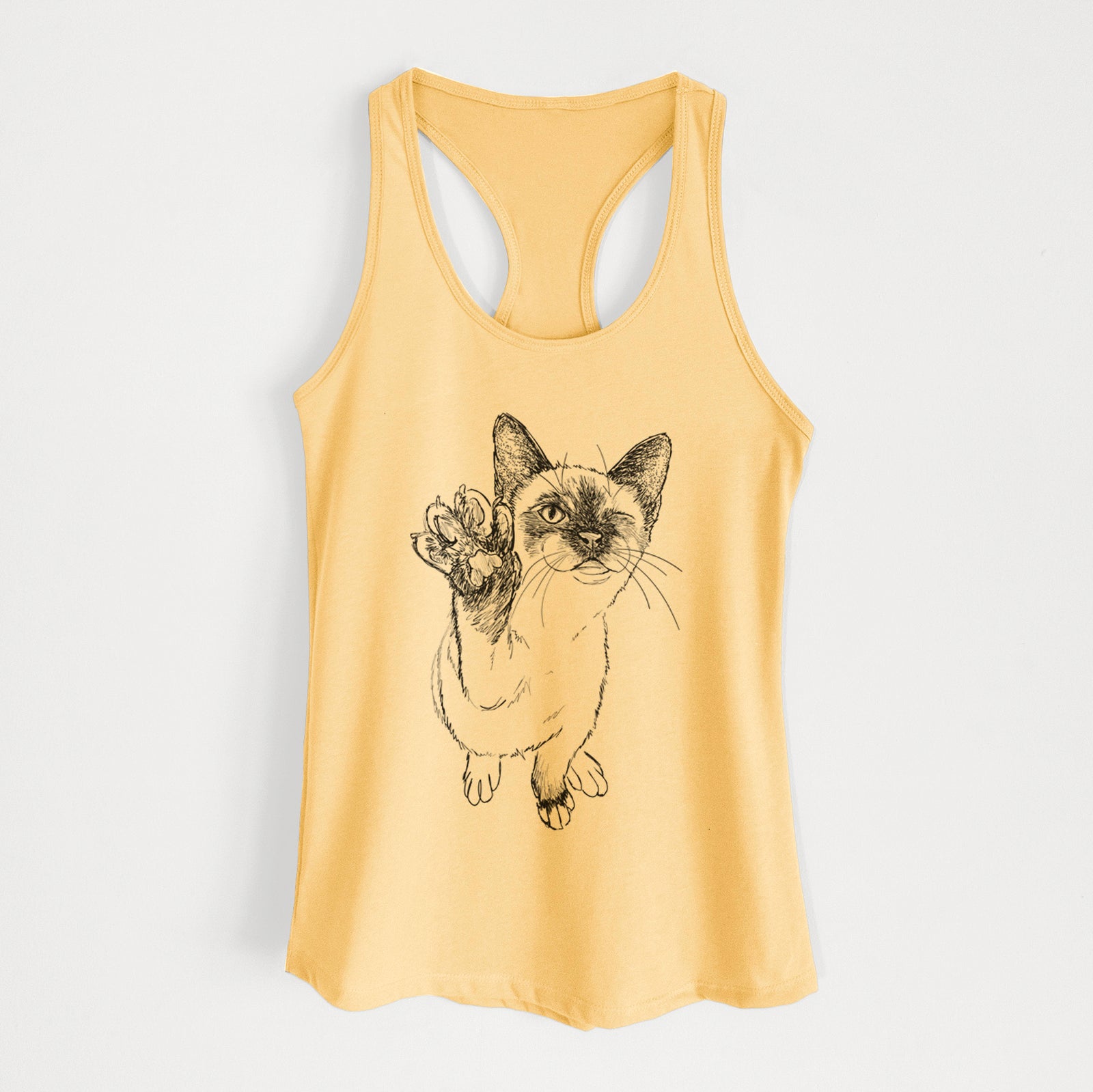 Full-body line drawing of Hoggle the Siamese Cat on a Banana Cream Women's racerback tanktop