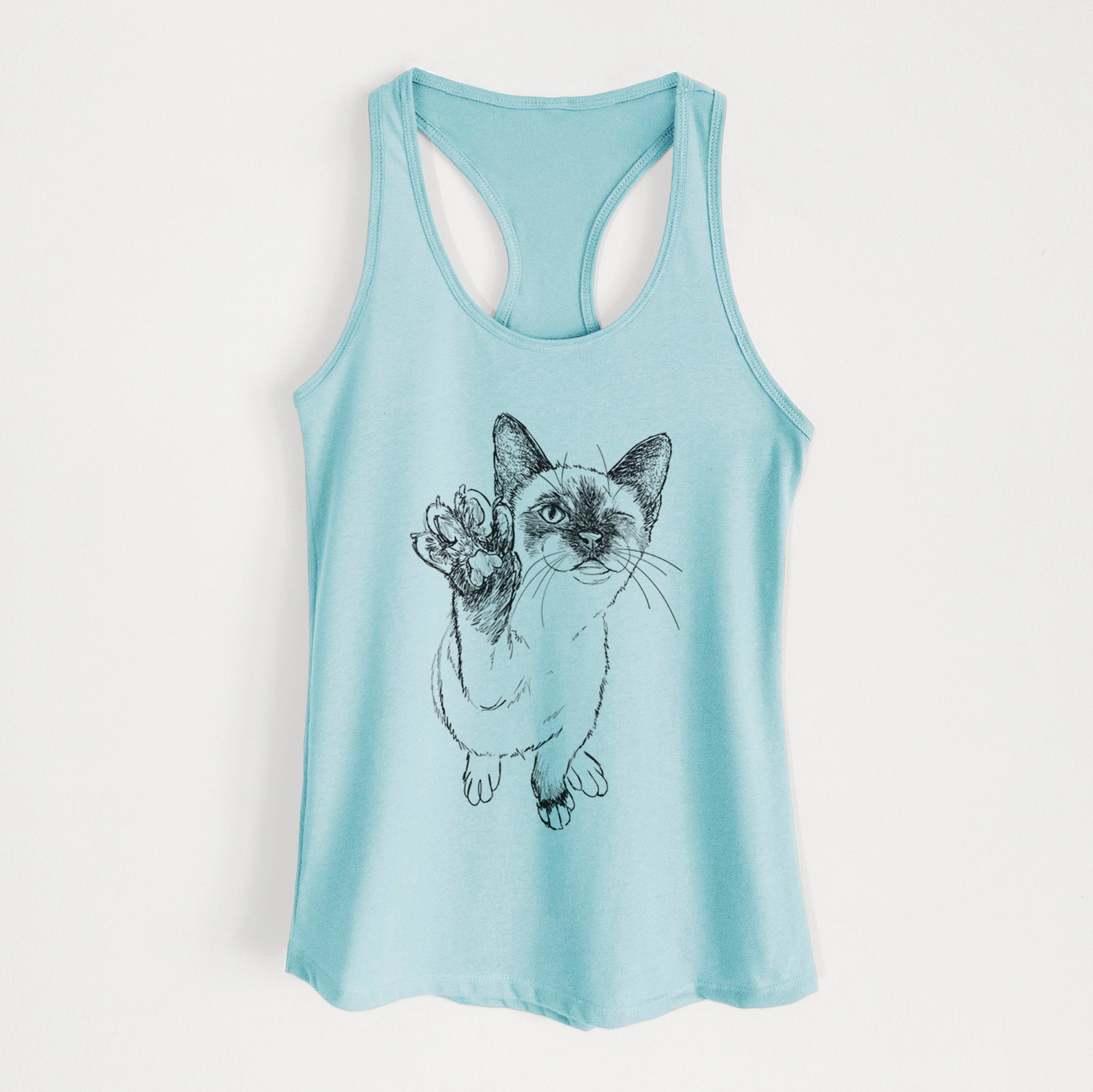 Full-body line drawing of Hoggle the Siamese Cat on a Cancun Blue Women's racerback tanktop