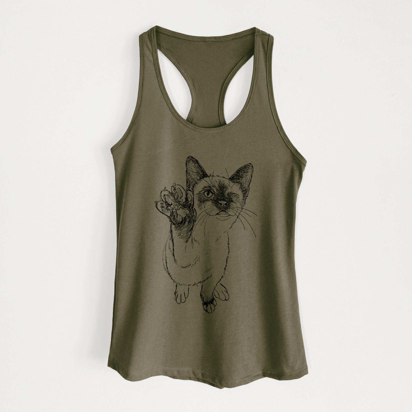 Full-body line drawing of Hoggle the Siamese Cat on a Military Green Women's racerback tanktop