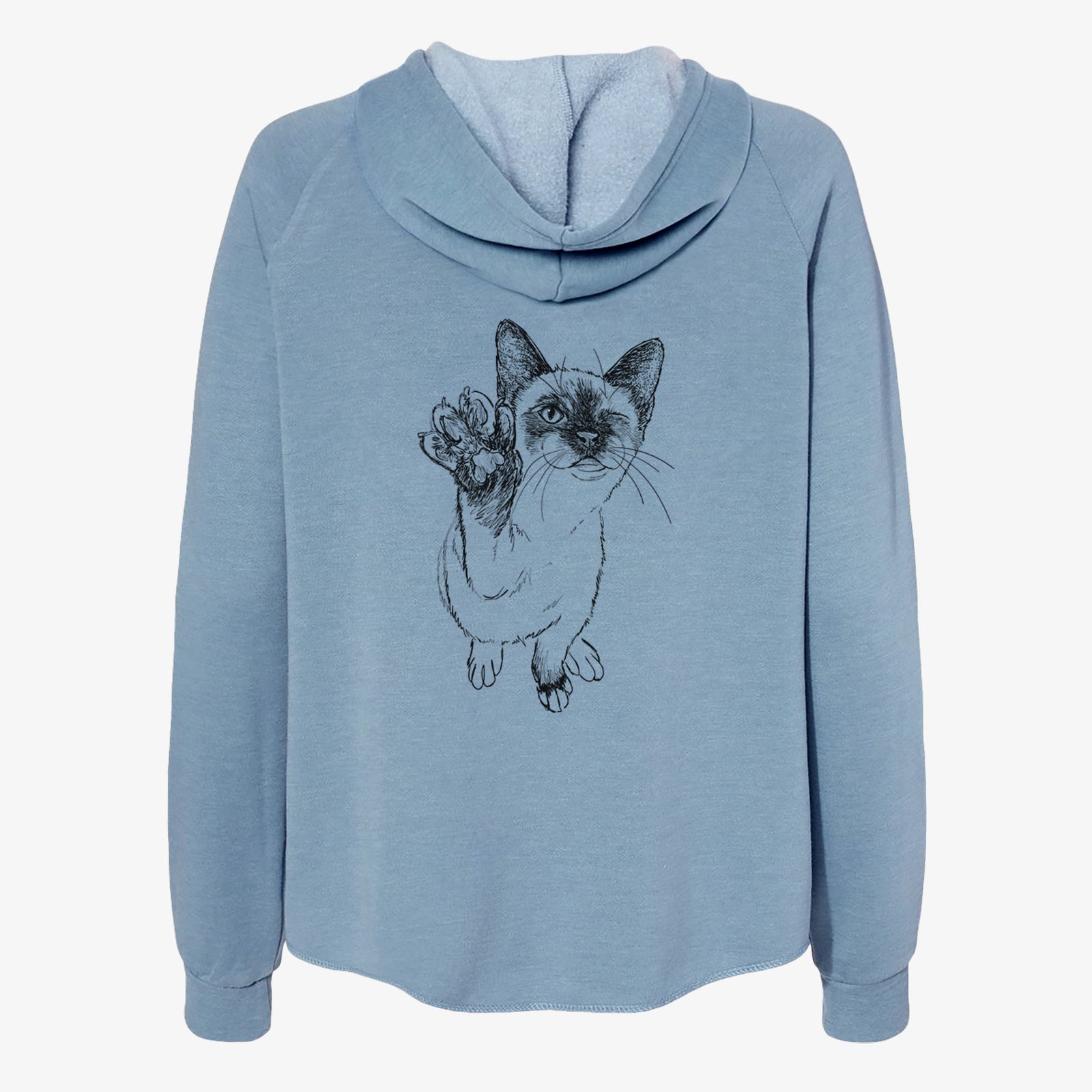 Full-body line drawing of Hoggle the Siamese Cat on a Misty Blue Women's cali wave zip-up sweatshirt