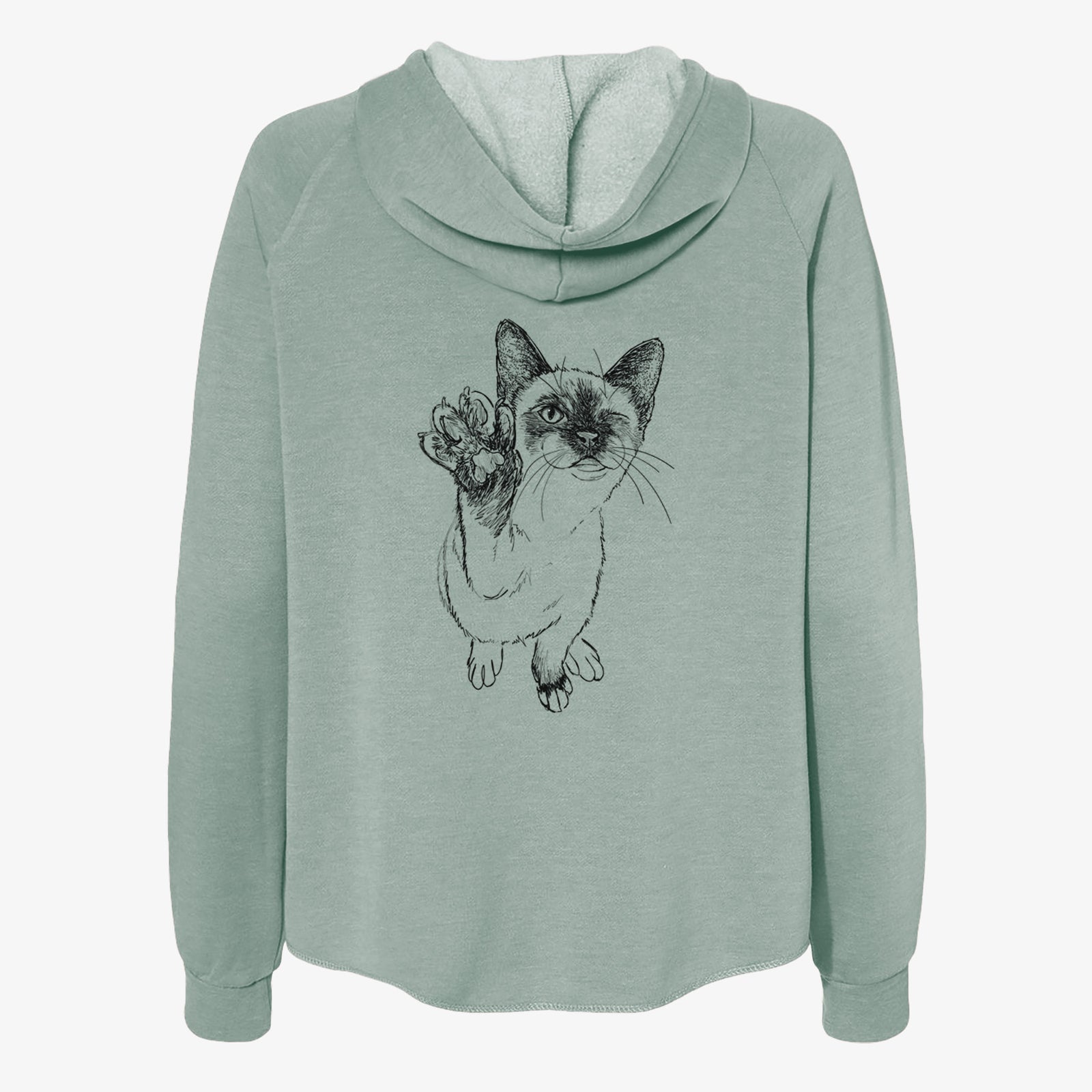 Full-body line drawing of Hoggle the Siamese Cat on a Sage Women's cali wave zip-up sweatshirt