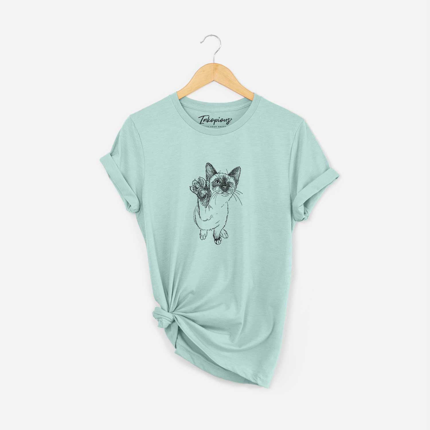 Full-body line drawing of Hoggle the Siamese Cat on a Heather Sage Unisex crewneck