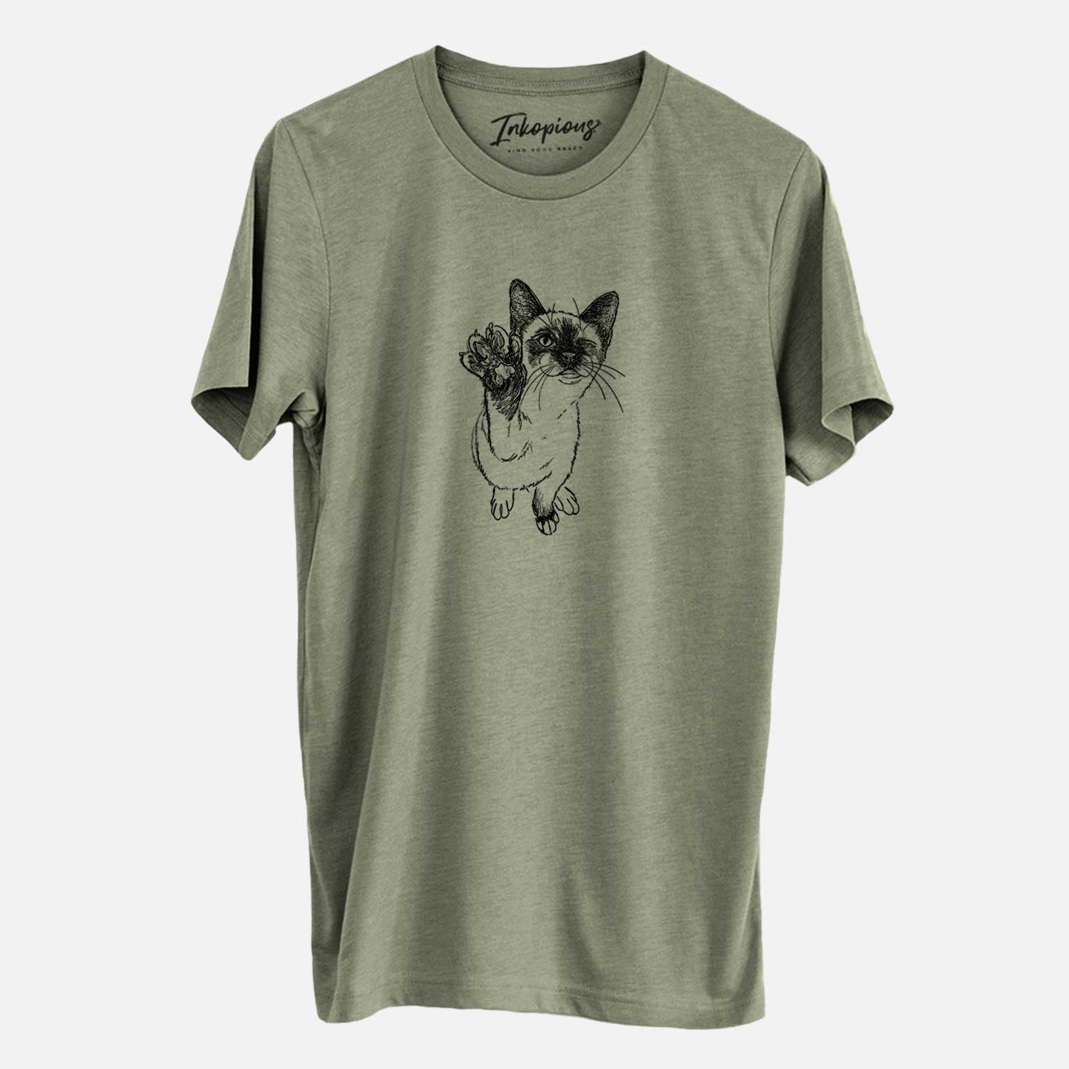 Full-body line drawing of Hoggle the Siamese Cat on an Olive Unisex crewneck