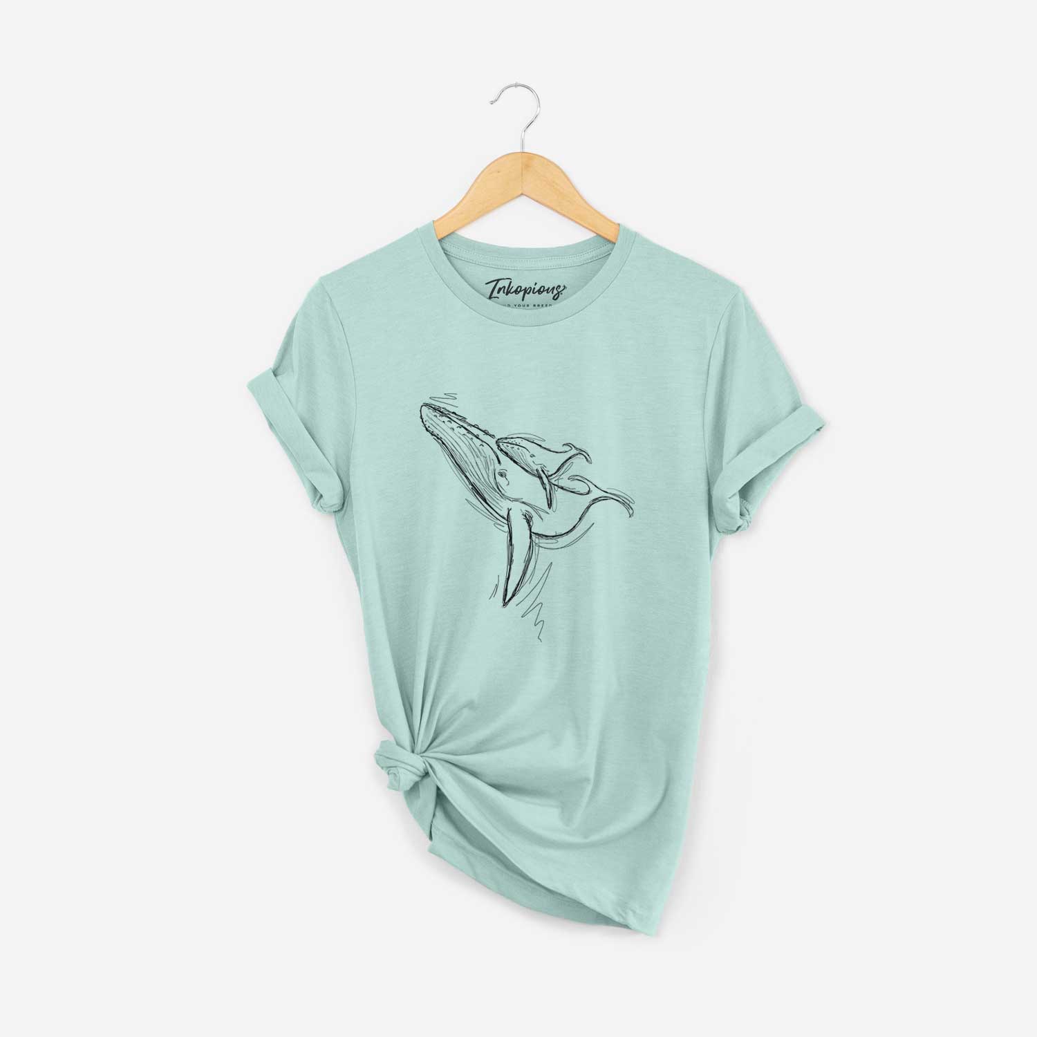 Full-body line drawing of Mama and Baby the Humpback Whale on a Heather Sage Unisex crewneck