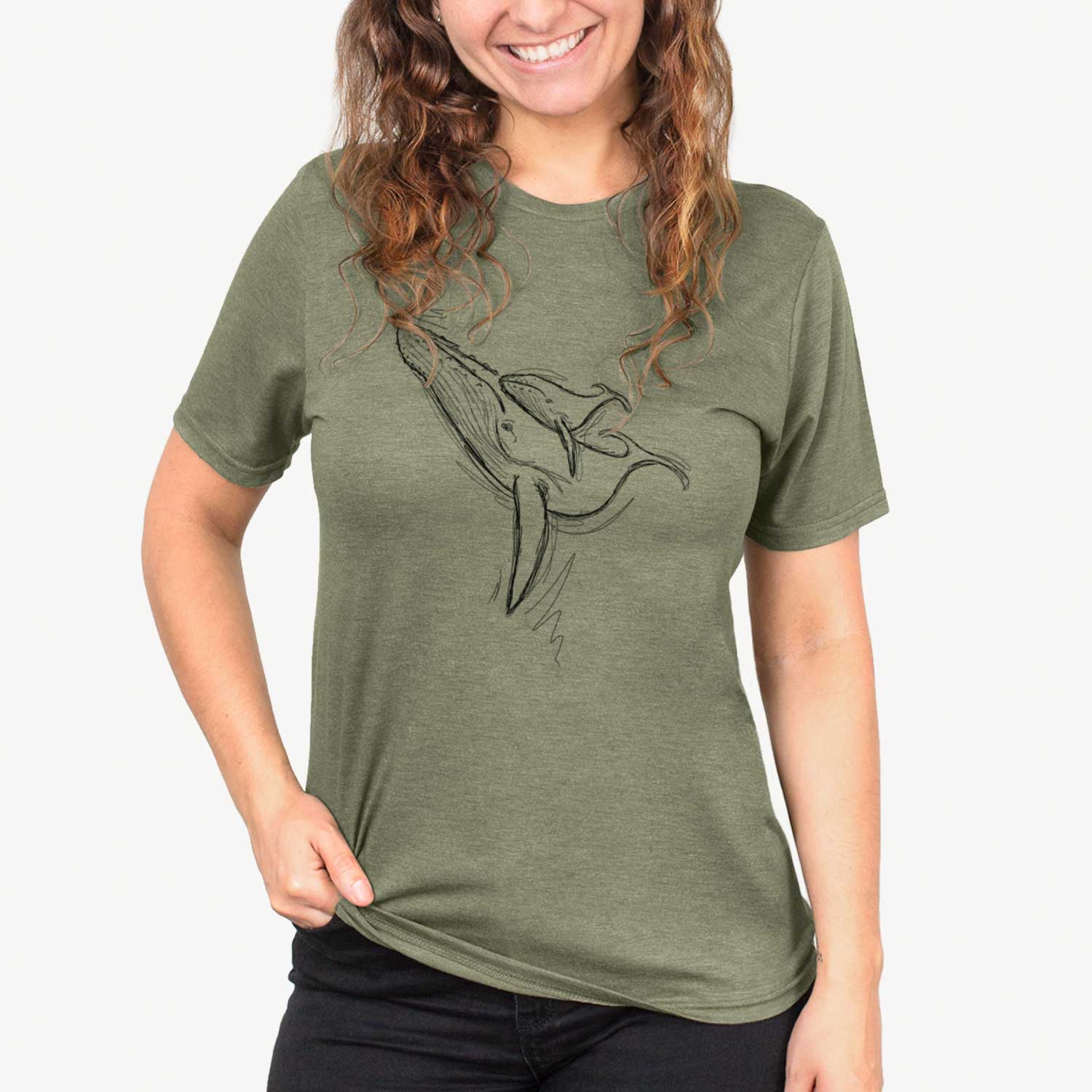 Full-body line drawing of Mama and Baby the Humpback Whale on an Olive Unisex crewneck