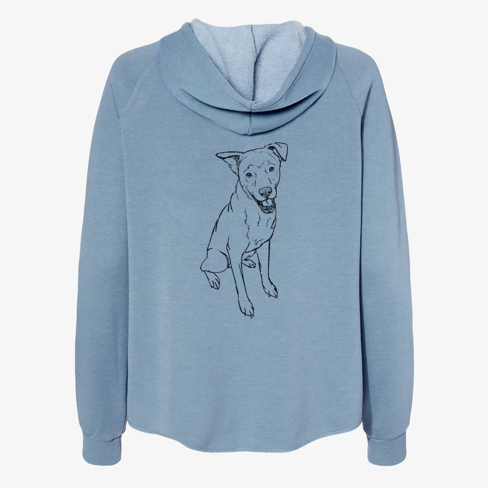Full-body line drawing of Indy the Mixed Breed on a Misty Blue Women's cali wave zip-up sweatshirt