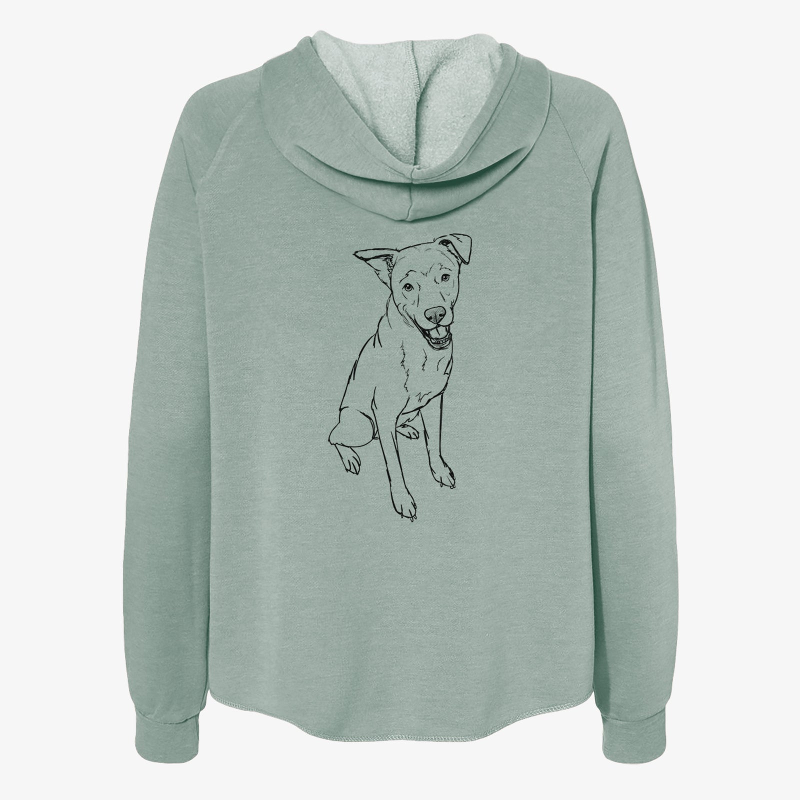 Full-body line drawing of Indy the Mixed Breed on a Sage Women's cali wave zip-up sweatshirt