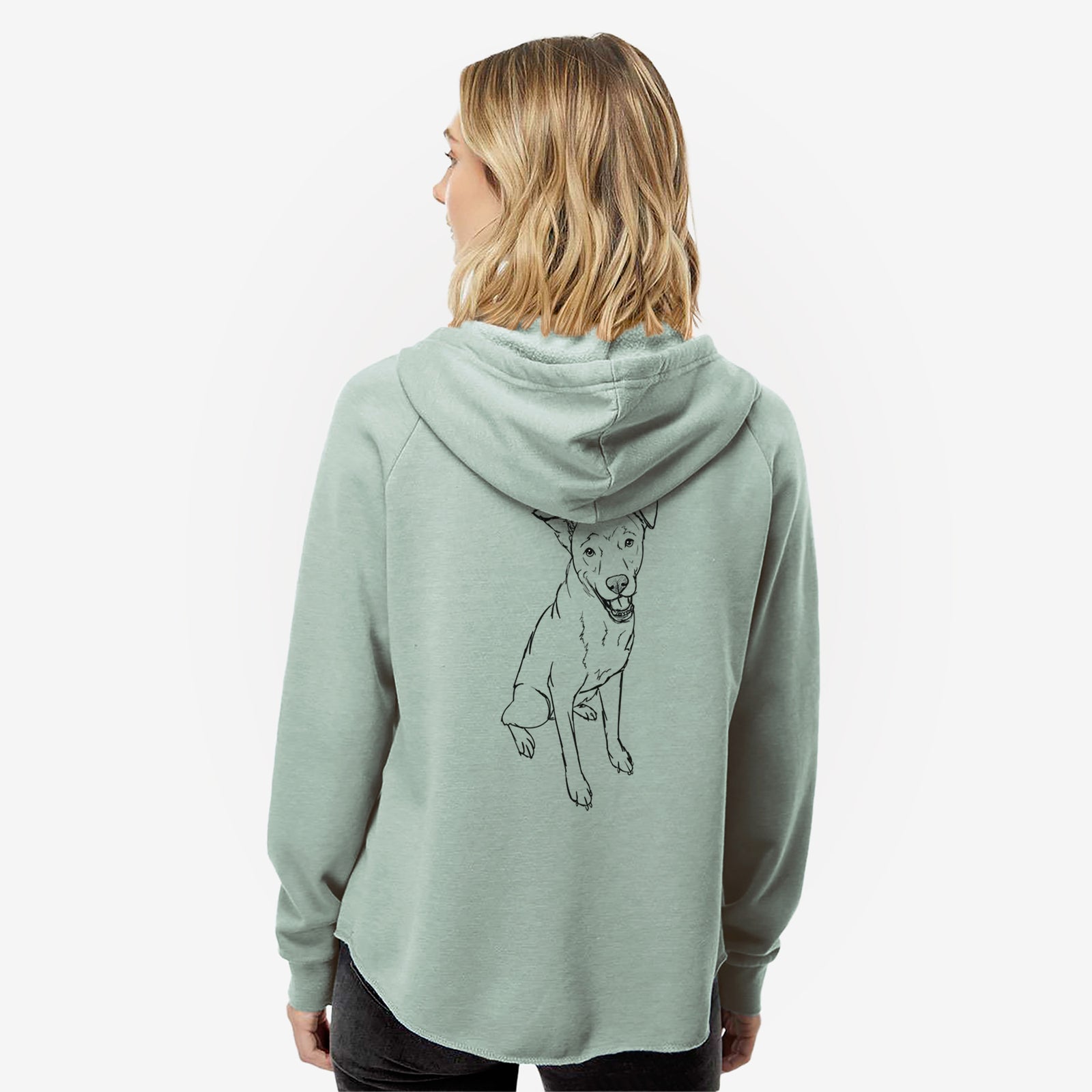 Full-body line drawing of Indy the Mixed Breed on a Sage Women's cali wave zip-up sweatshirt