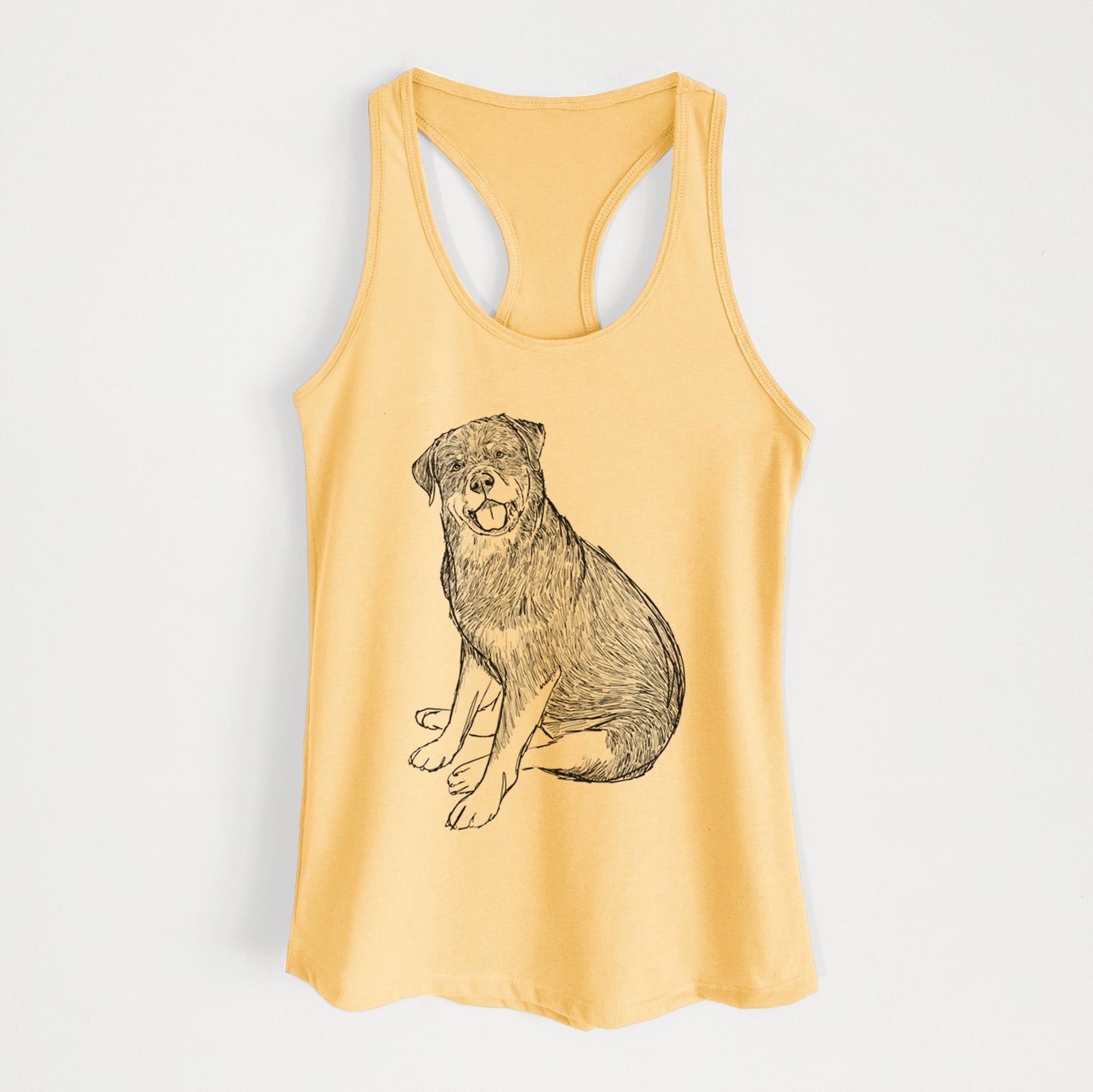 Full-body line drawing of Indy the Rottweiler on a Banana Cream Women's racerback tanktop