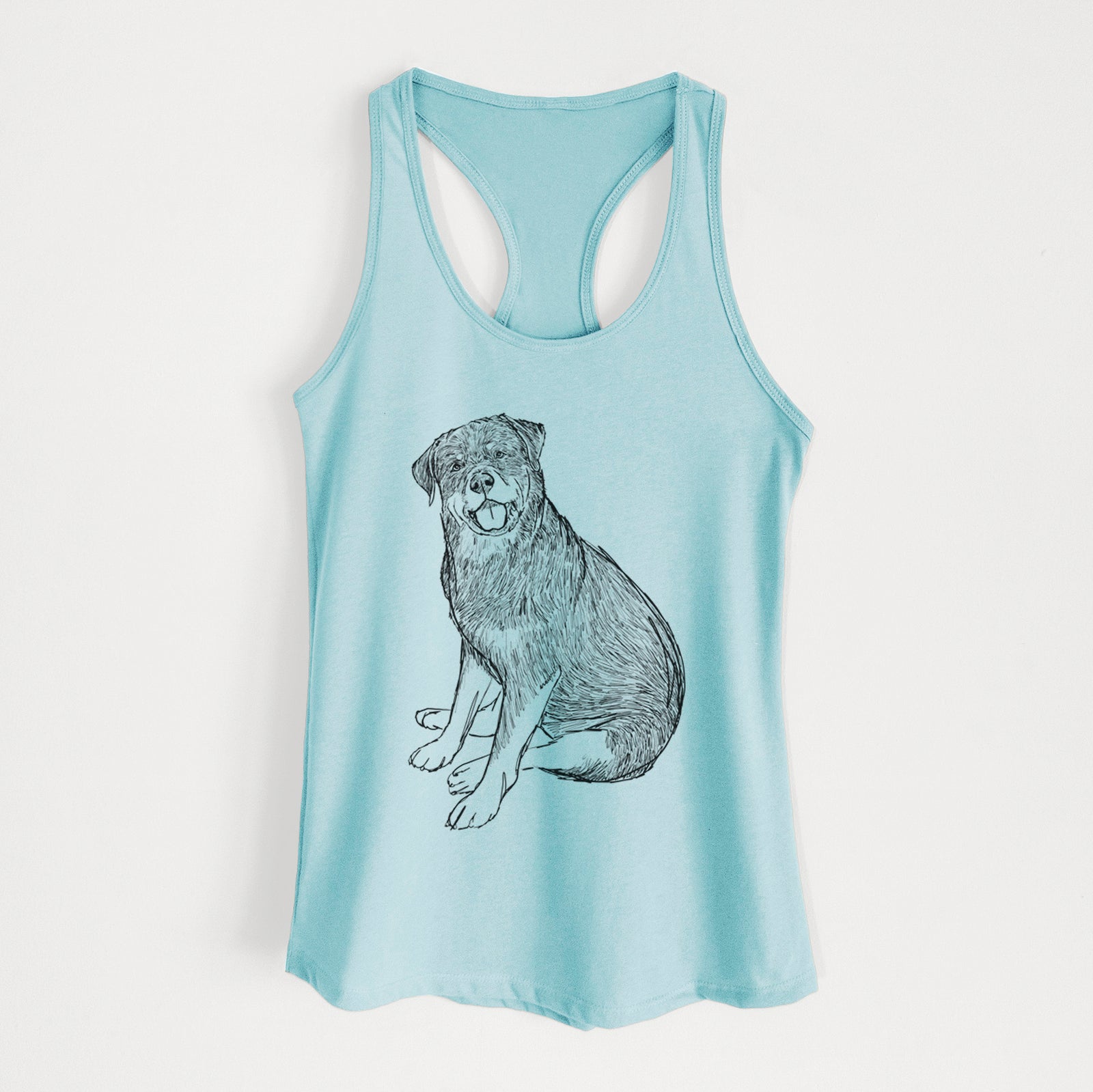 Full-body line drawing of Indy the Rottweiler on a Cancun Blue Women's racerback tanktop