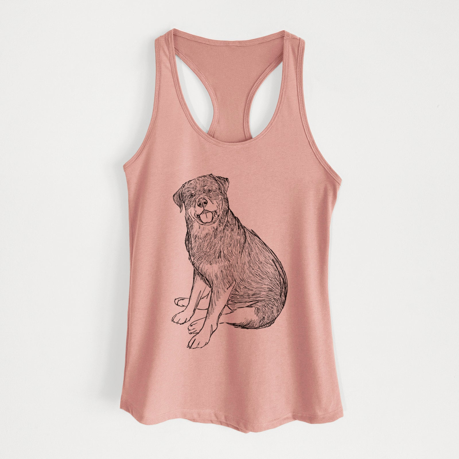 Full-body line drawing of Indy the Rottweiler on a Desert Pink Women's racerback tanktop