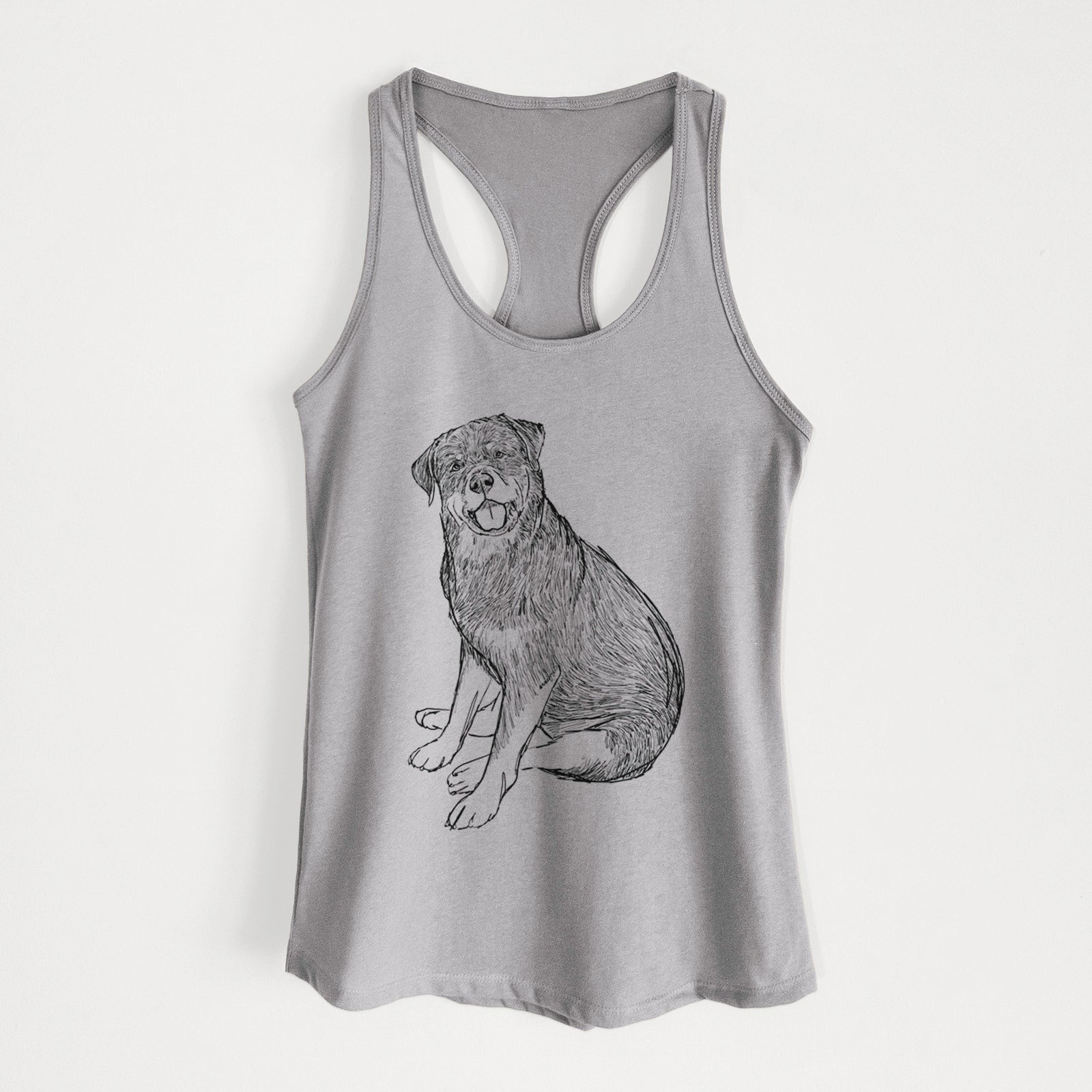 Full-body line drawing of Indy the Rottweiler on a Heather Grey Women's racerback tanktop