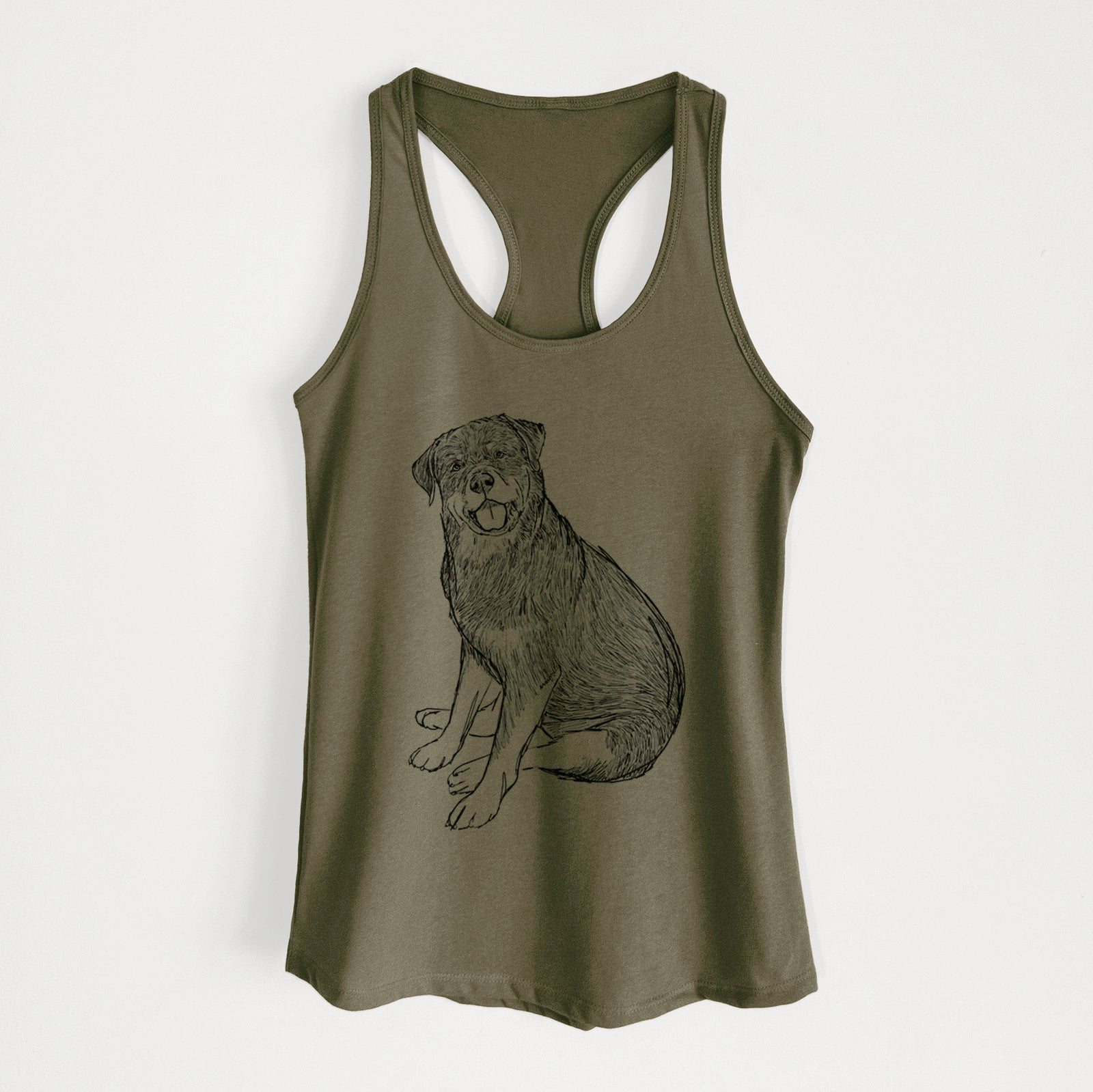 Full-body line drawing of Indy the Rottweiler on a Military Green Women's racerback tanktop