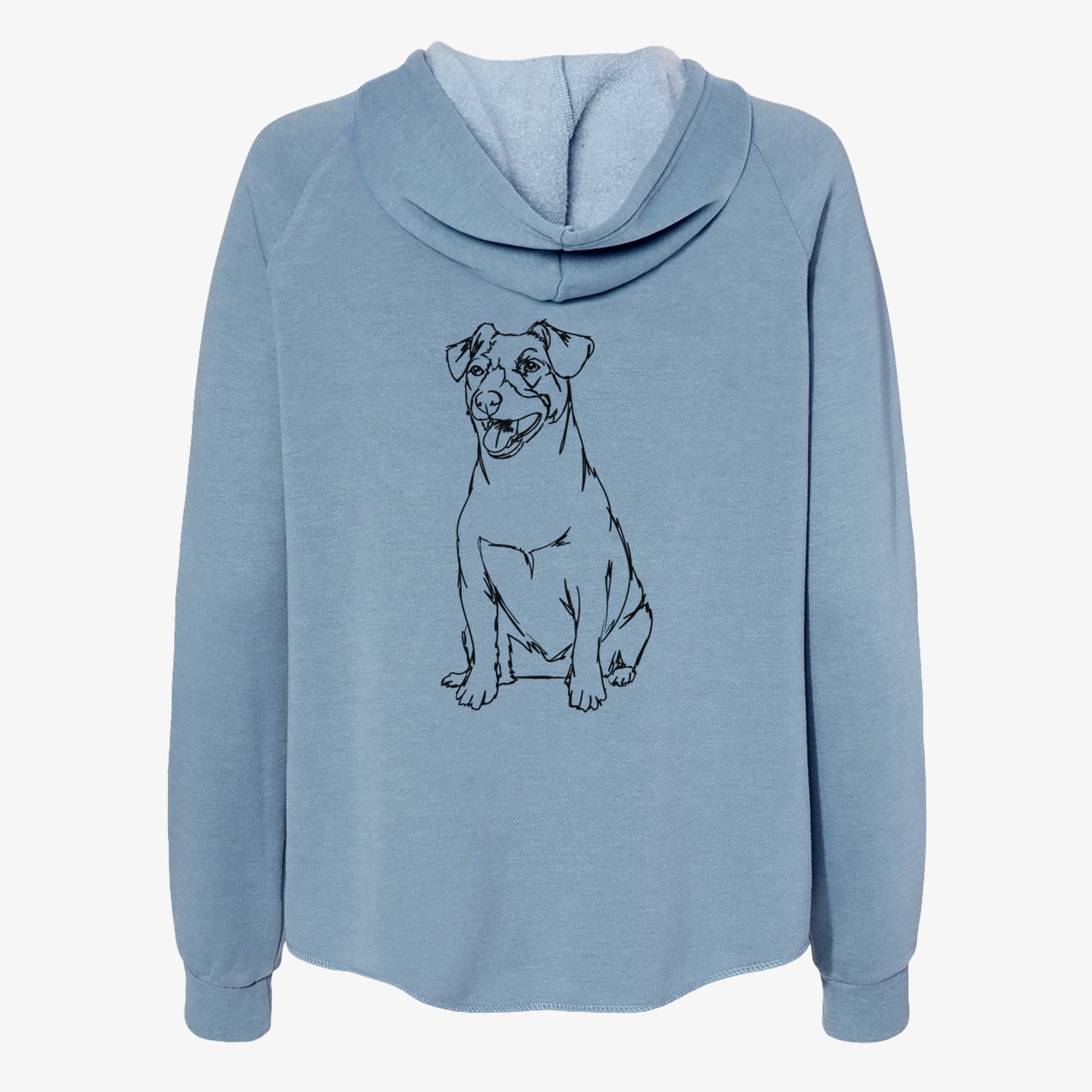 Full-body line drawing of a Jack Russell Terrier on a Misty Blue Women's cali wave zip-up sweatshirt