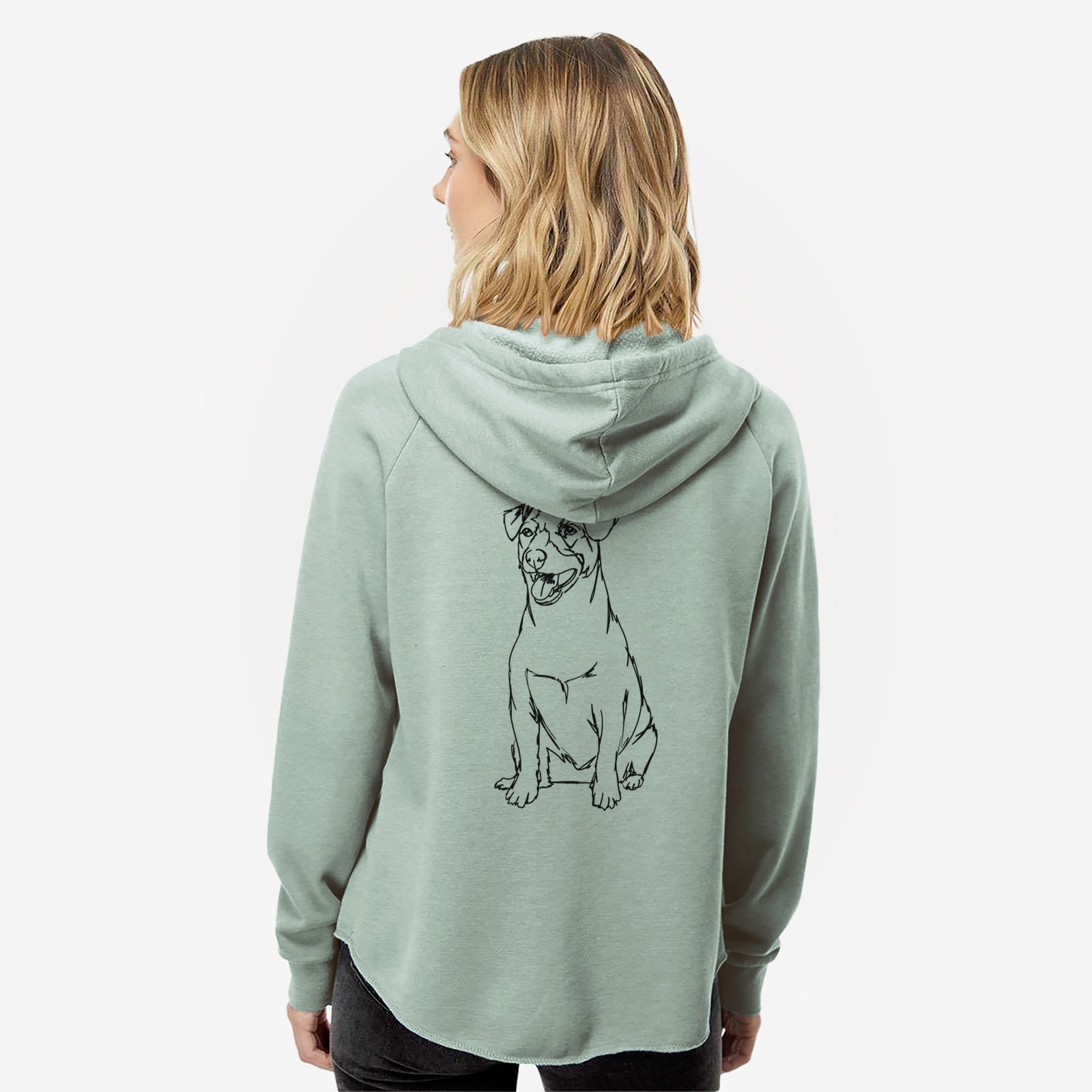 Full-body line drawing of a Jack Russell Terrier on a Sage Women's cali wave zip-up sweatshirt