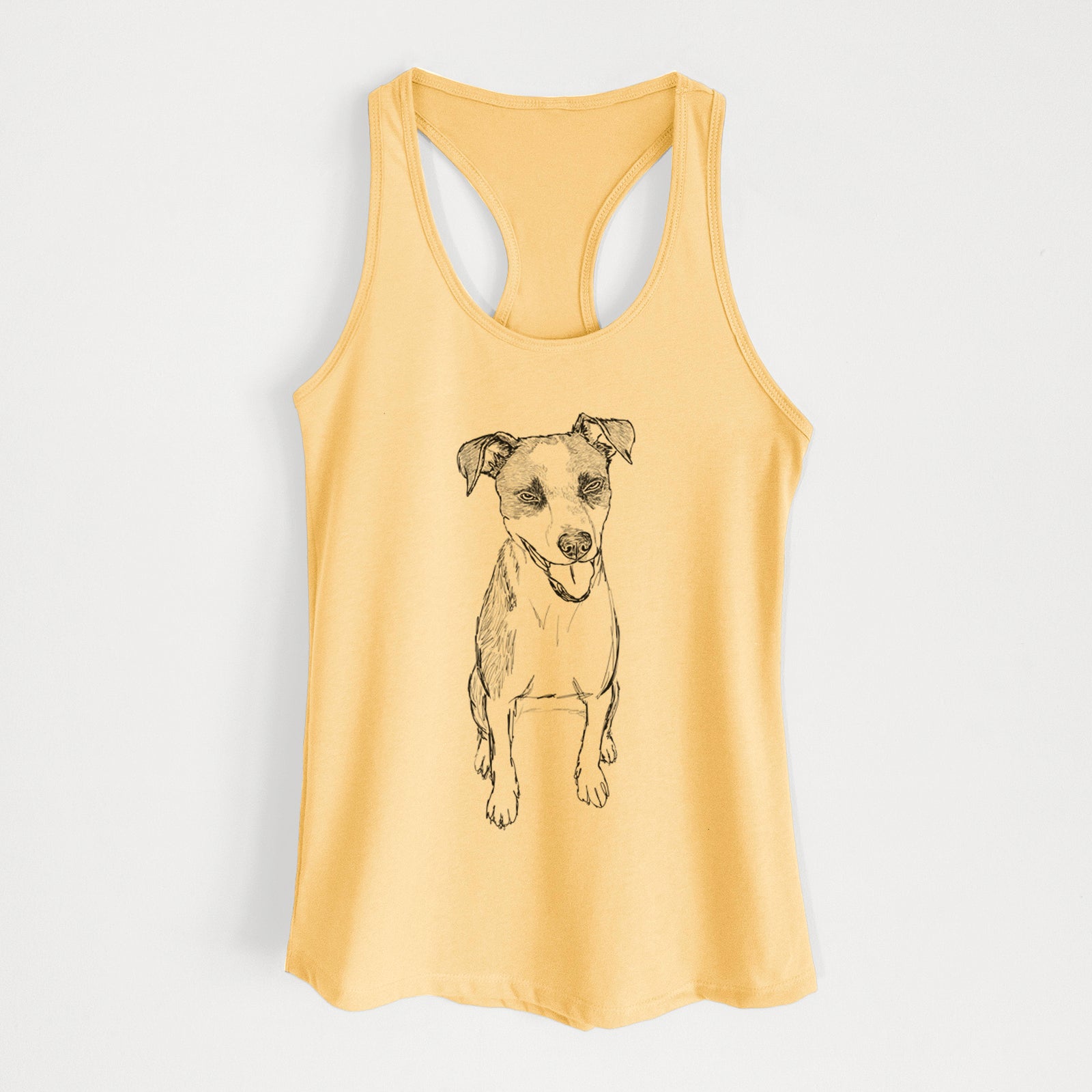 Full-body line drawing of Jasper the Mixed Breed on a Banana Cream Women's racerback tanktop