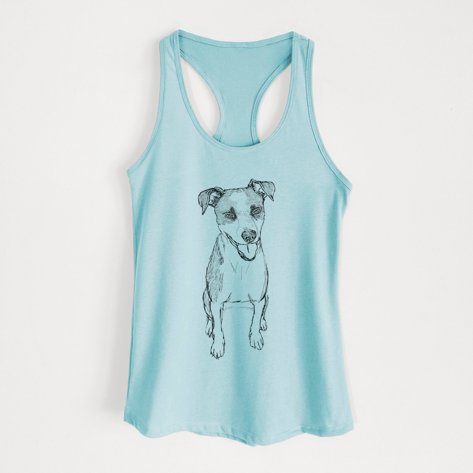Full-body line drawing of Jasper the Mixed Breed on a Cancun Blue Women's racerback tanktop