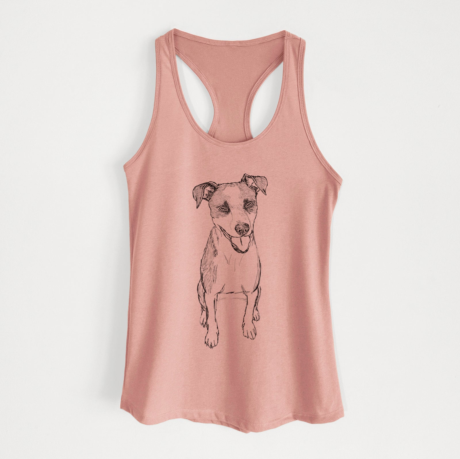 Full-body line drawing of Jasper the Mixed Breed on a Desert Pink Women's racerback tanktop