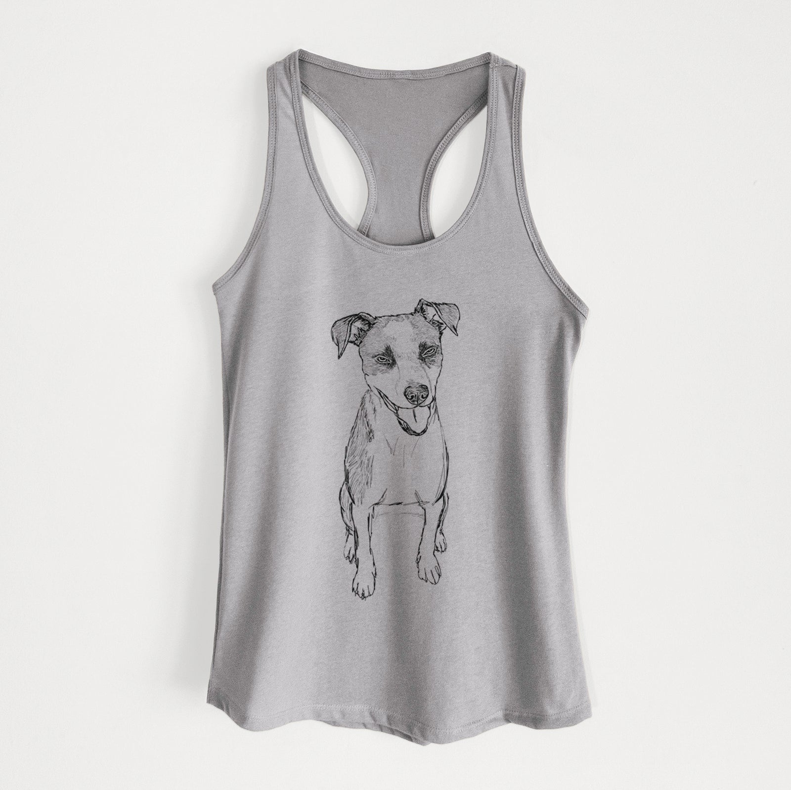 Full-body line drawing of Jasper the Mixed Breed on a Heather Grey Women's racerback tanktop