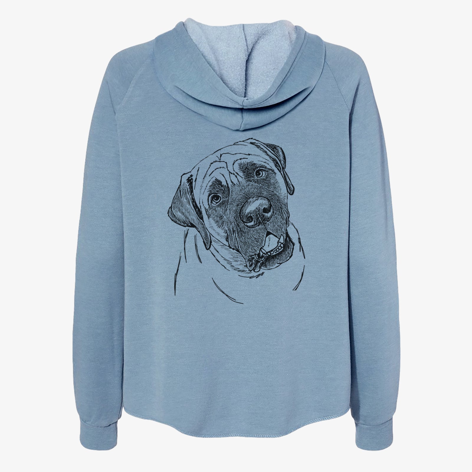 Full-body line drawing of Jubilee the Mastiff on a Misty Blue Women's cali wave zip-up sweatshirt