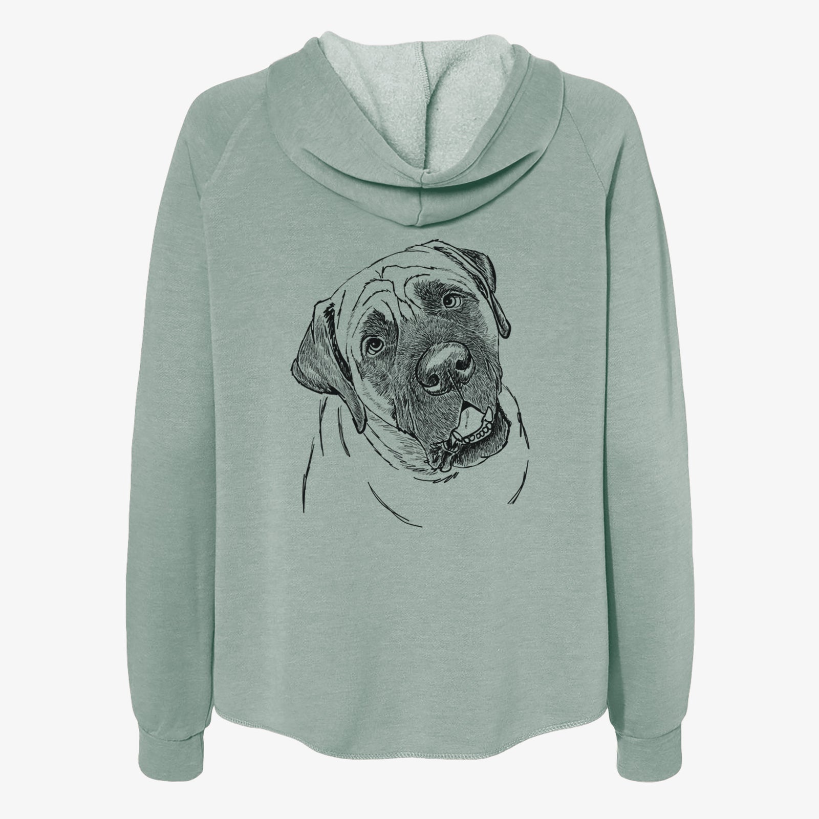 Full-body line drawing of Jubilee the Mastiff on a Sage Women's cali wave zip-up sweatshirt