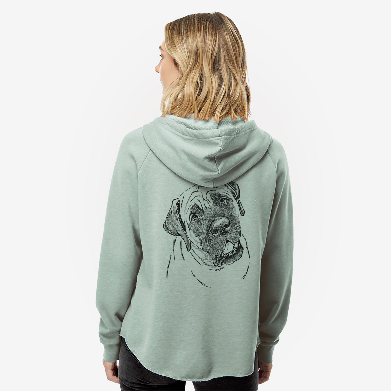 Full-body line drawing of Jubilee the Mastiff on a Sage Women's cali wave zip-up sweatshirt