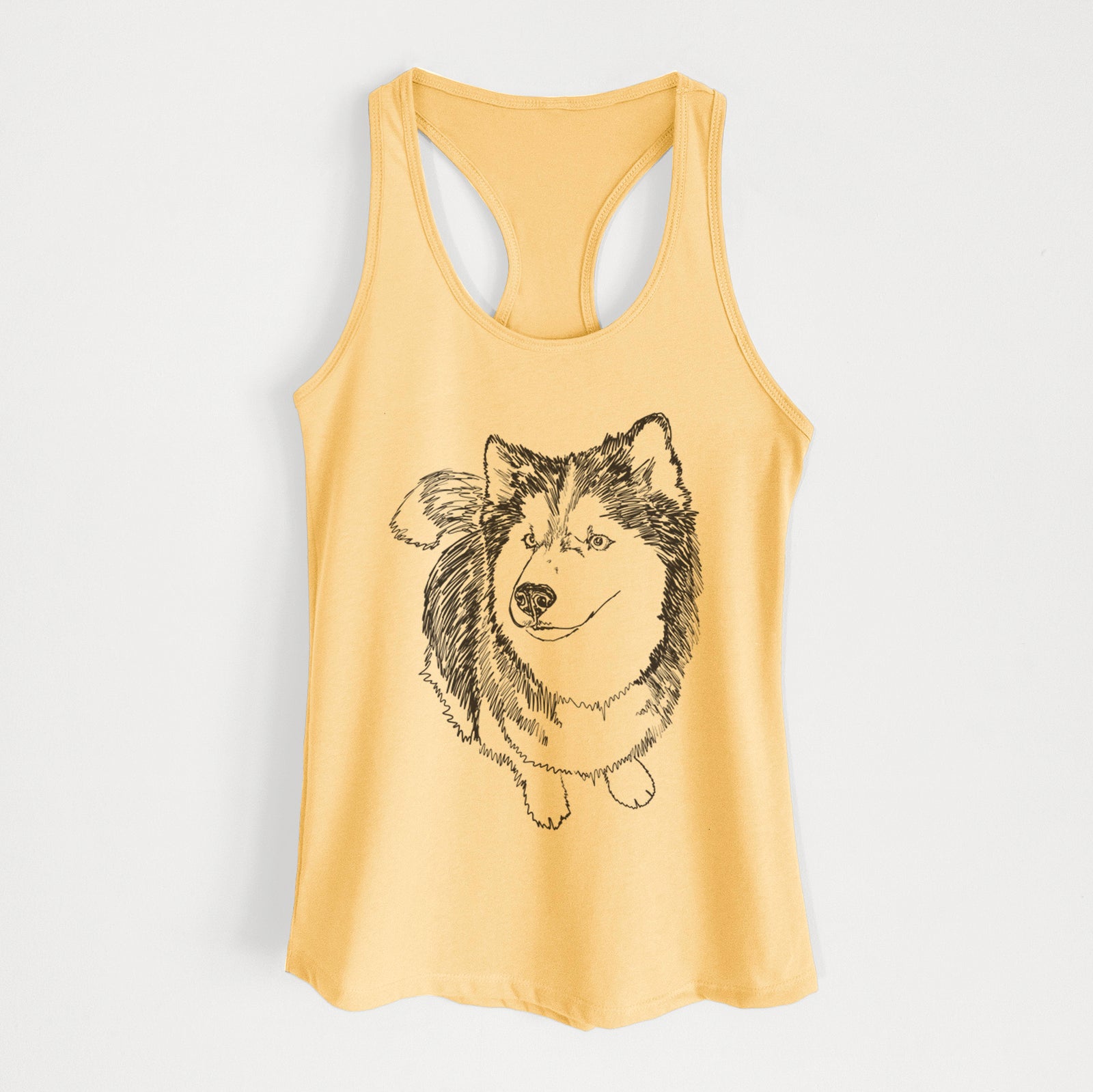 Full-body line drawing of Kai the Siberian Husky on a Banana Cream Women's racerback tanktop