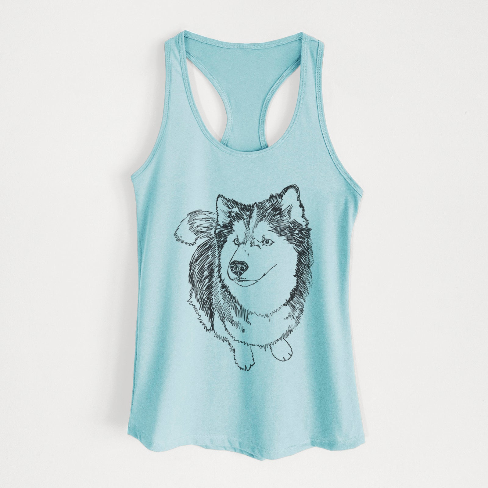 Full-body line drawing of Kai the Siberian Husky on a Cancun Blue Women's racerback tanktop