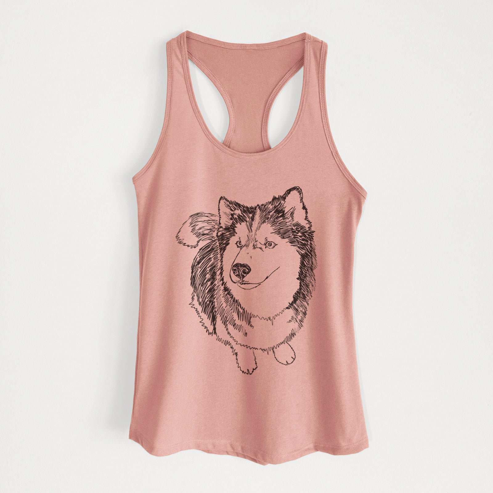 Full-body line drawing of Kai the Siberian Husky on a Desert Pink Women's racerback tanktop