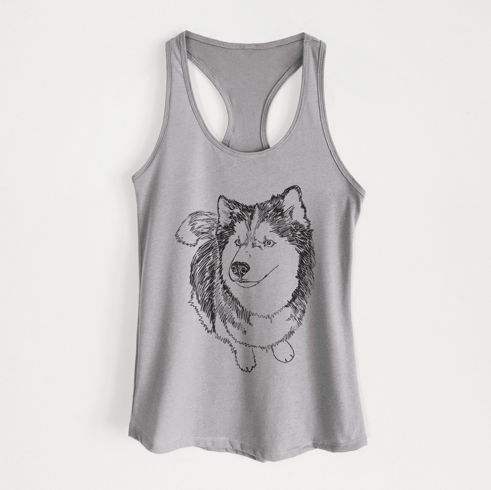 Full-body line drawing of Kai the Siberian Husky on a Heather Grey Women's racerback tanktop