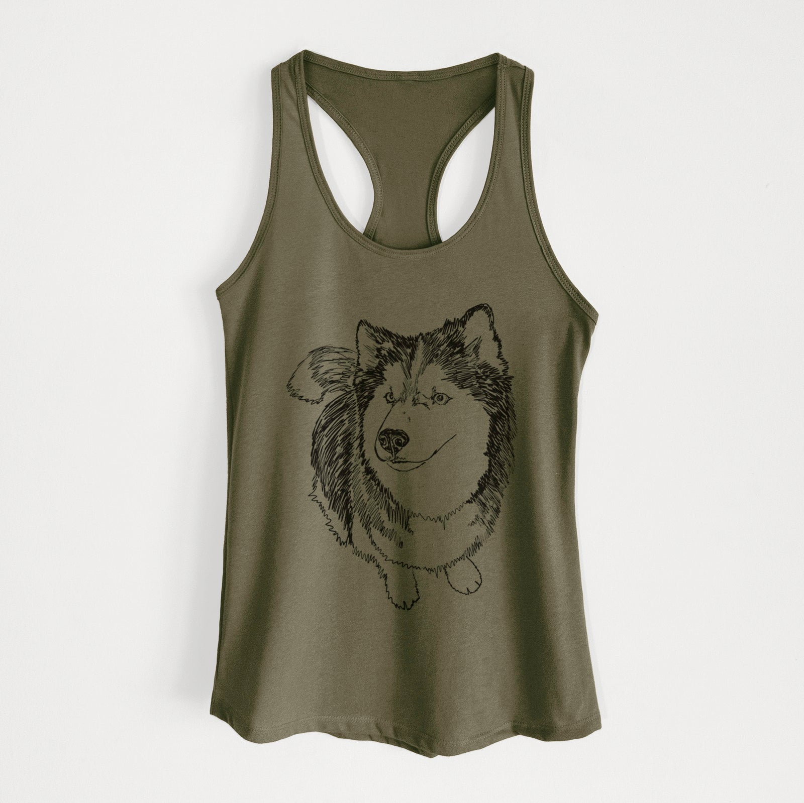 Full-body line drawing of Kai the Siberian Husky on a Military Green Women's racerback tanktop