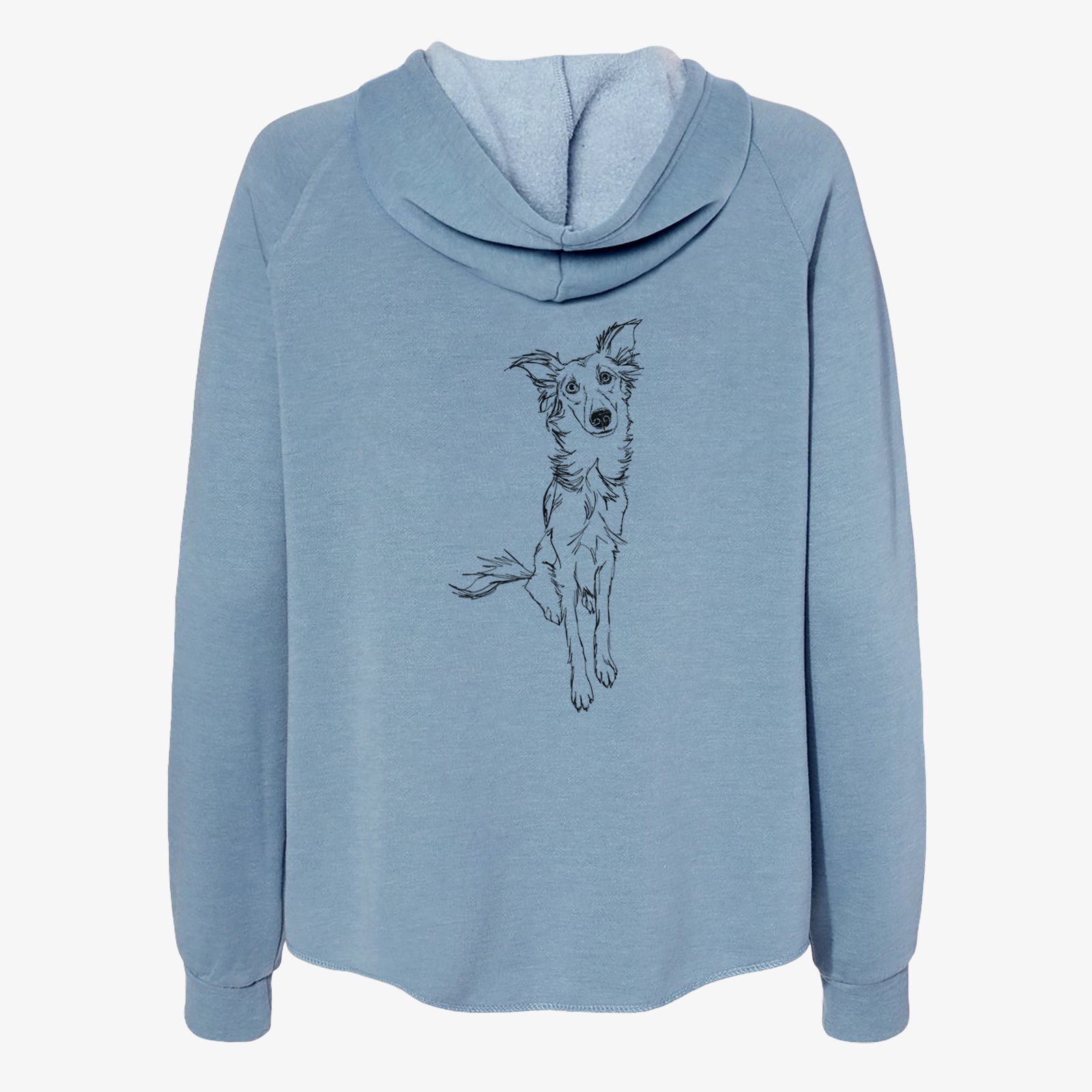 Full-body line drawing of Kyu the Windsprite on a Misty Blue Women's cali wave zip-up sweatshirt