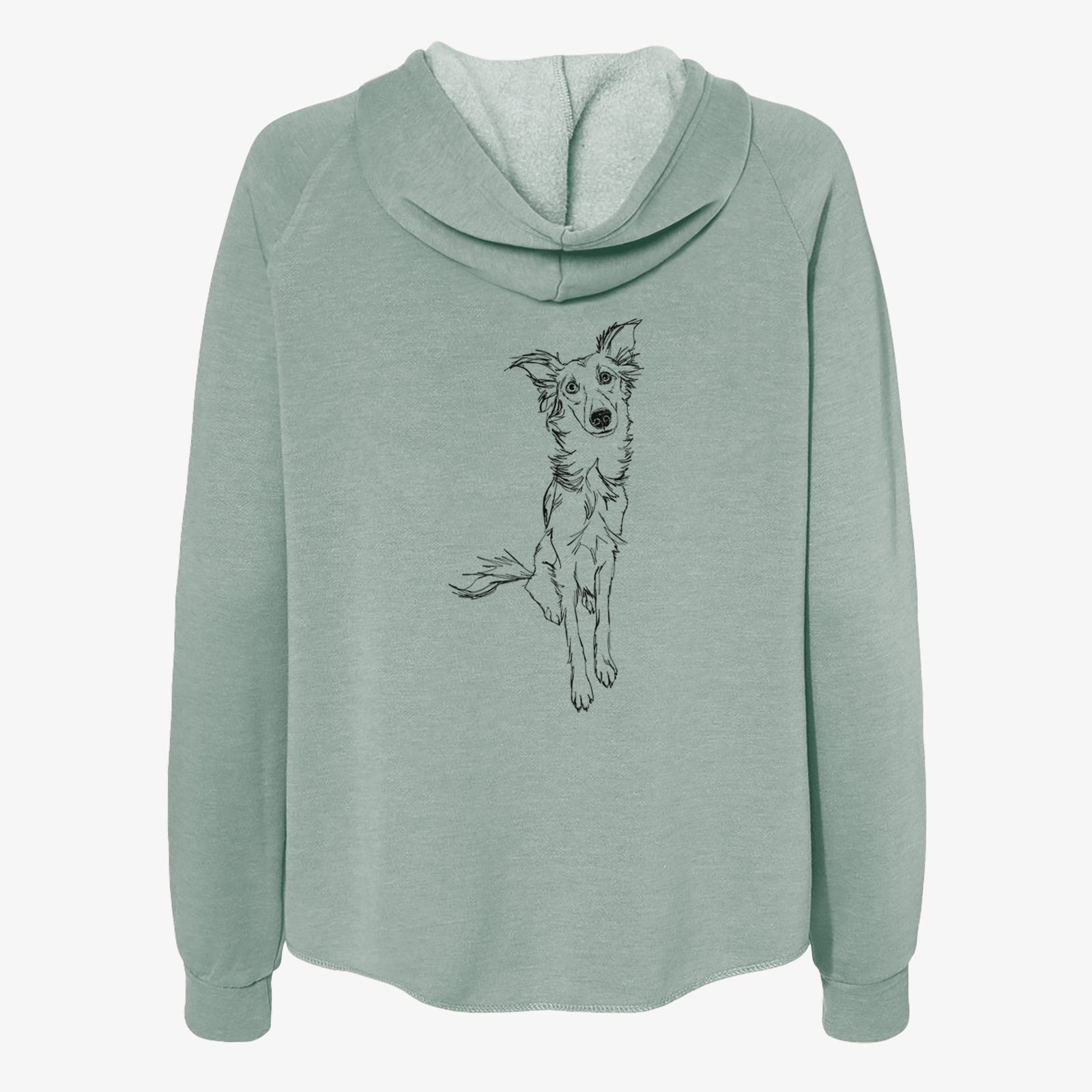 Full-body line drawing of Kyu the Windsprite on a Sage Women's cali wave zip-up sweatshirt