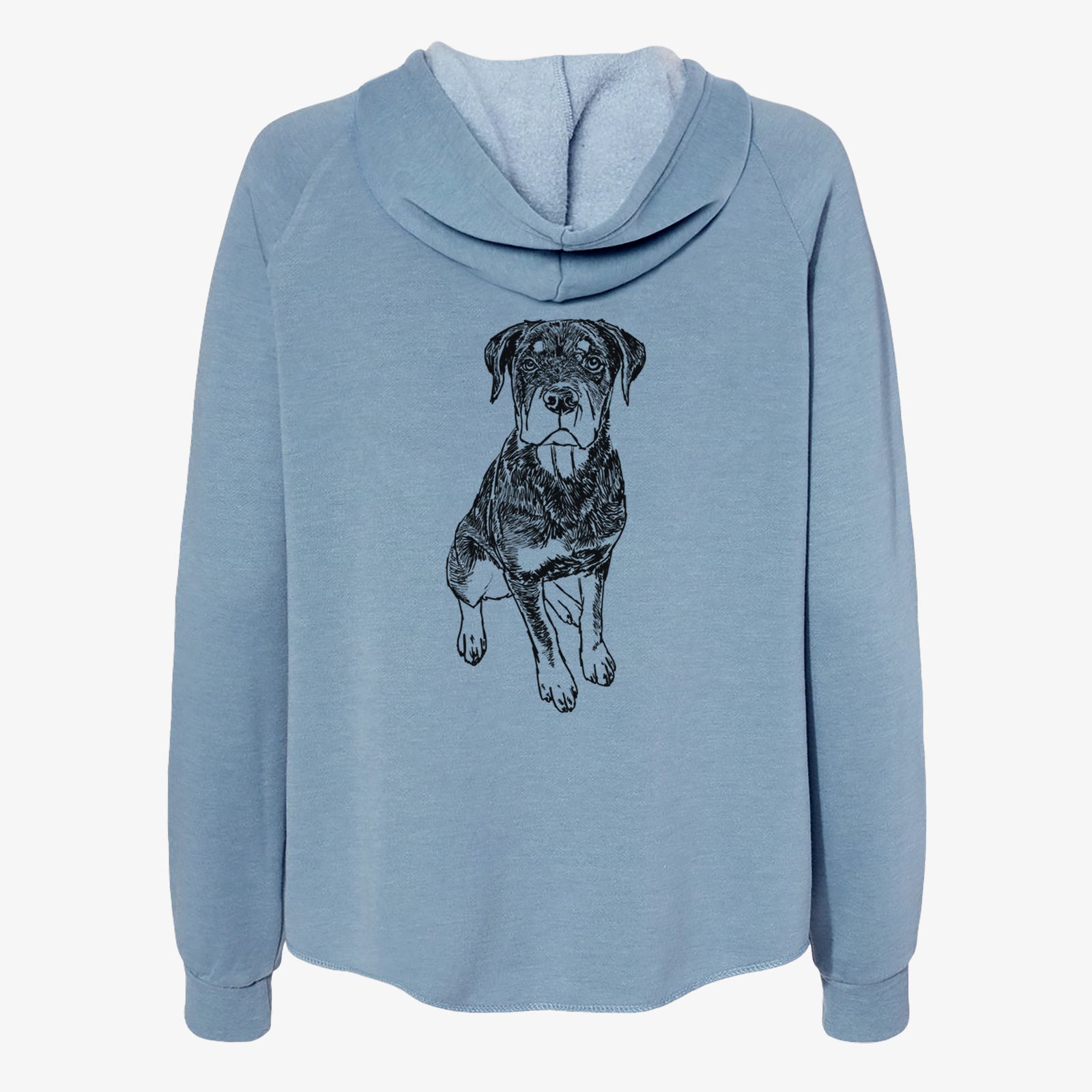 Full-body line drawing of Lincoln the Rottweiler Puppy on a Misty Blue Women's cali wave zip-up sweatshirt