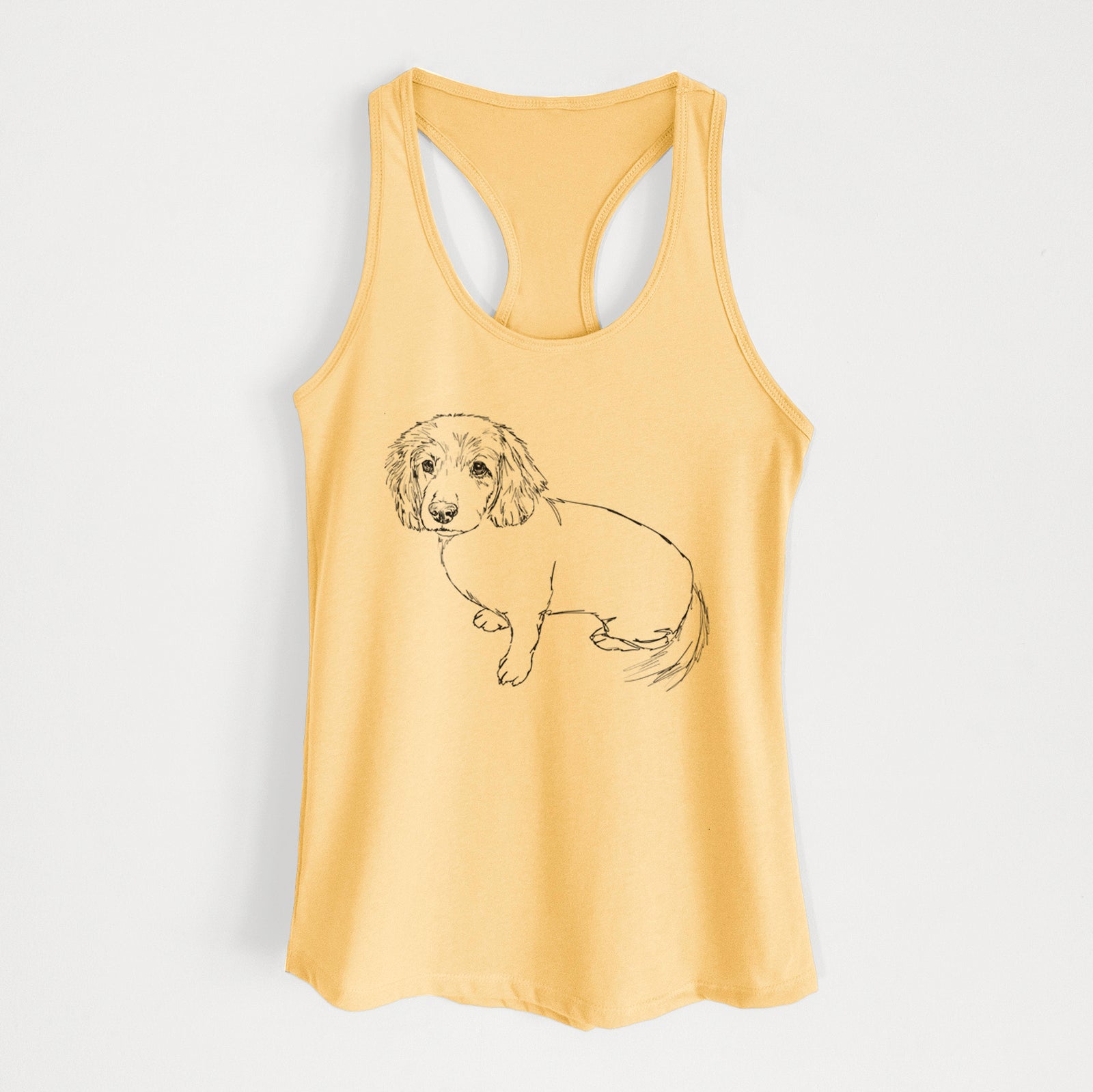 Full-body line drawing of Lucy the Docker on a Banana Cream Women's racerback tanktop