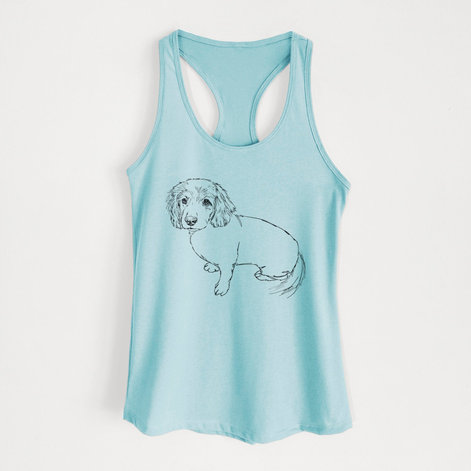 Full-body line drawing of Lucy the Docker on a Cancun Blue Women's racerback tanktop