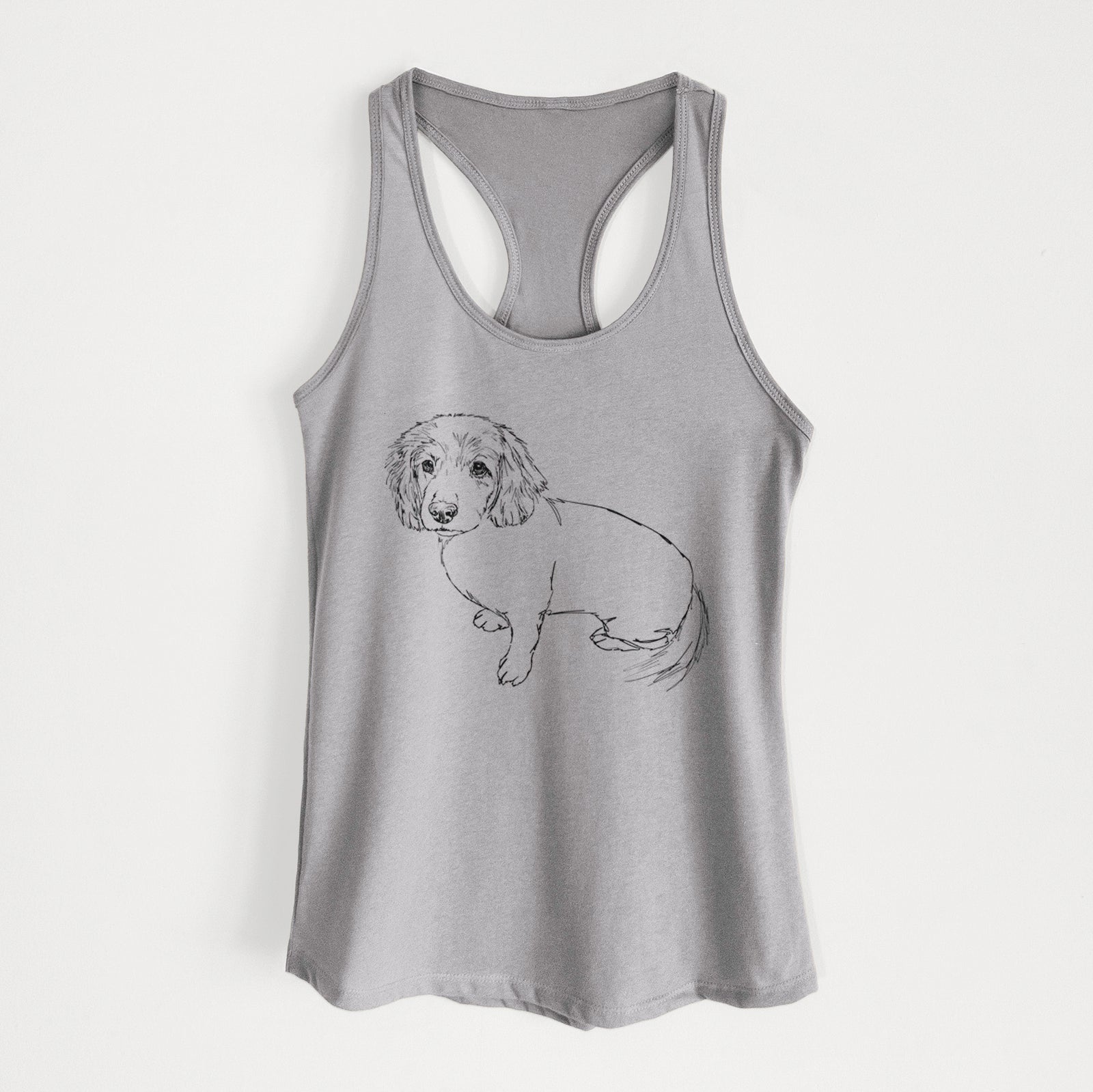 Full-body line drawing of Lucy the Docker on a Heather Grey Women's racerback tanktop