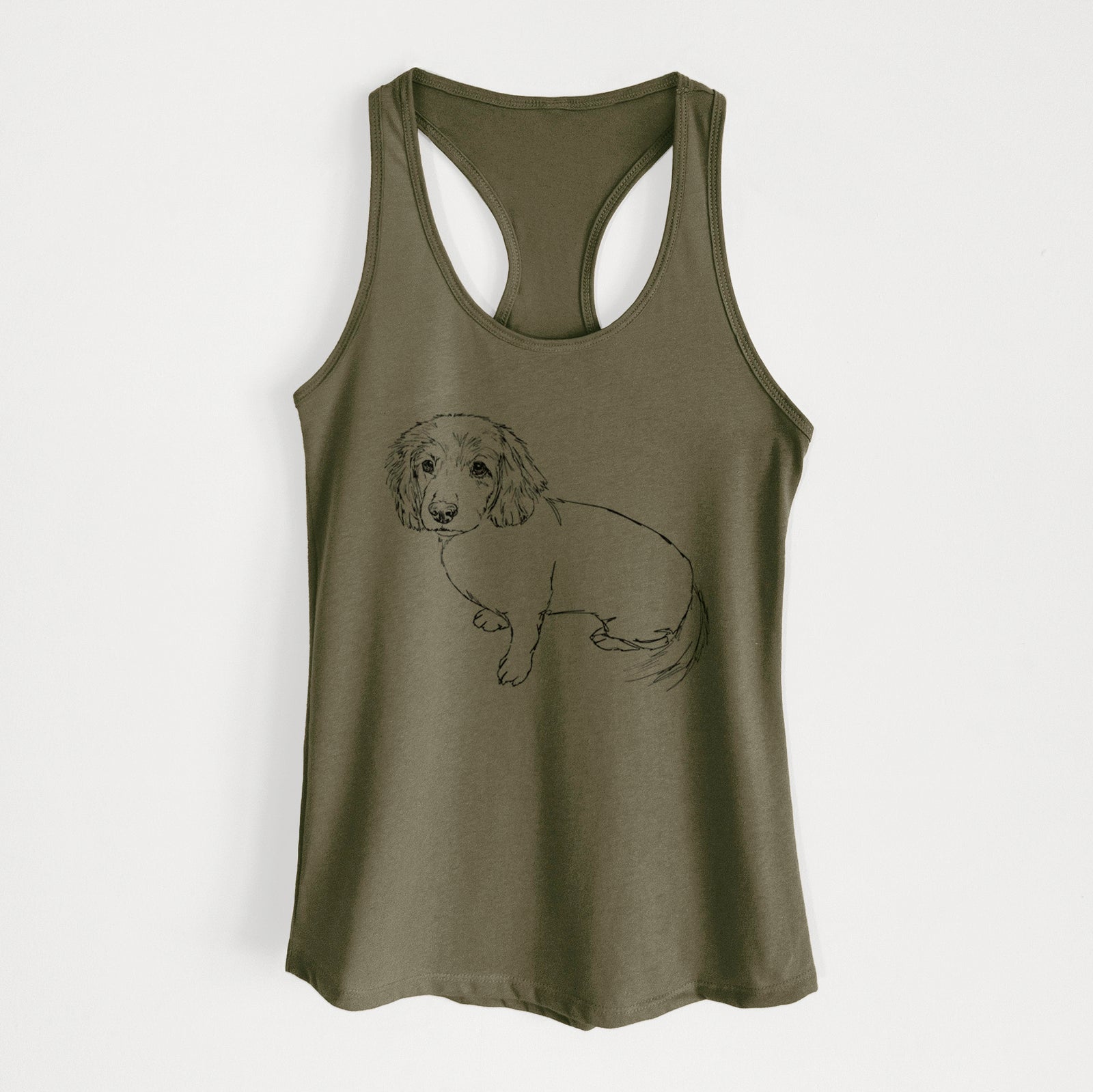 Full-body line drawing of Lucy the Docker on a Military Green Women's racerback tanktop
